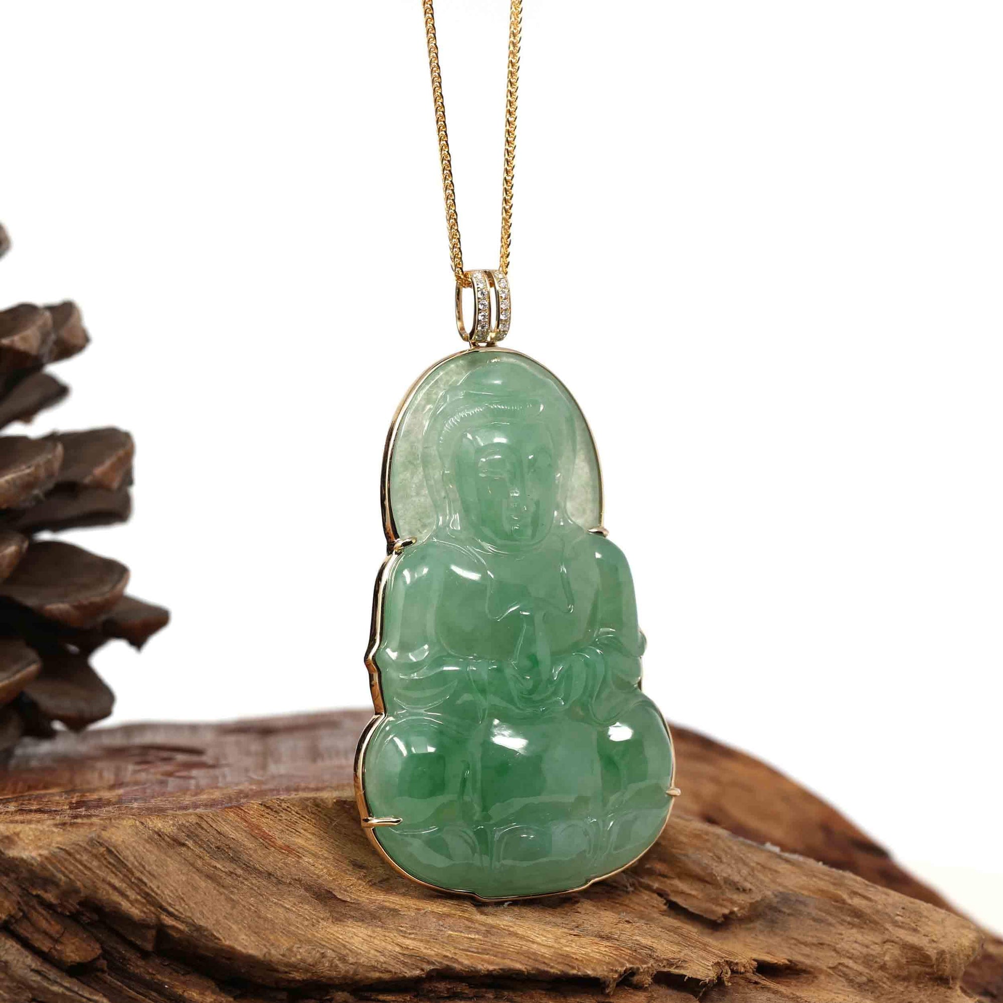 Baikalla Jewelry Jade Guanyin Pendant Necklace Copy of Copy of Copy of Baikalla 14k Yellow Gold "Goddess of Compassion" Genuine Ice Burmese Jadeite Jade Guanyin Necklace With Gold Bail