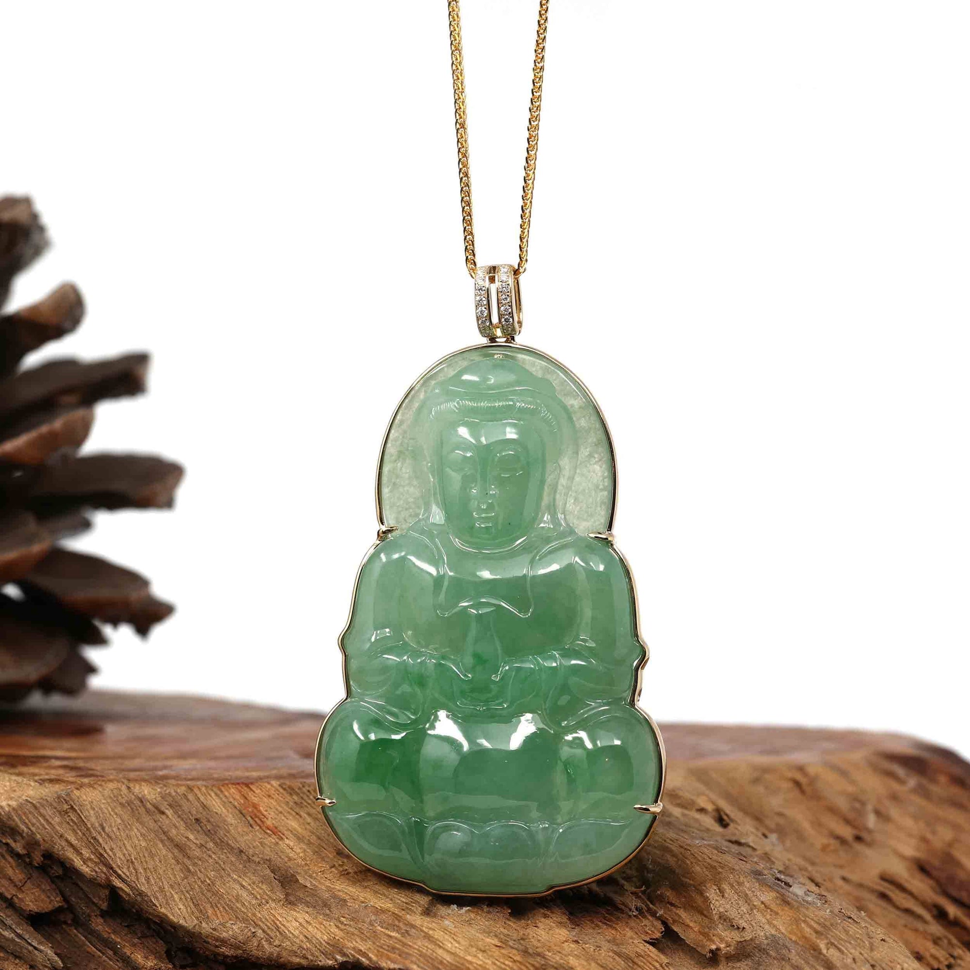 Baikalla Jewelry Jade Guanyin Pendant Necklace Copy of Copy of Copy of Baikalla 14k Yellow Gold "Goddess of Compassion" Genuine Ice Burmese Jadeite Jade Guanyin Necklace With Gold Bail