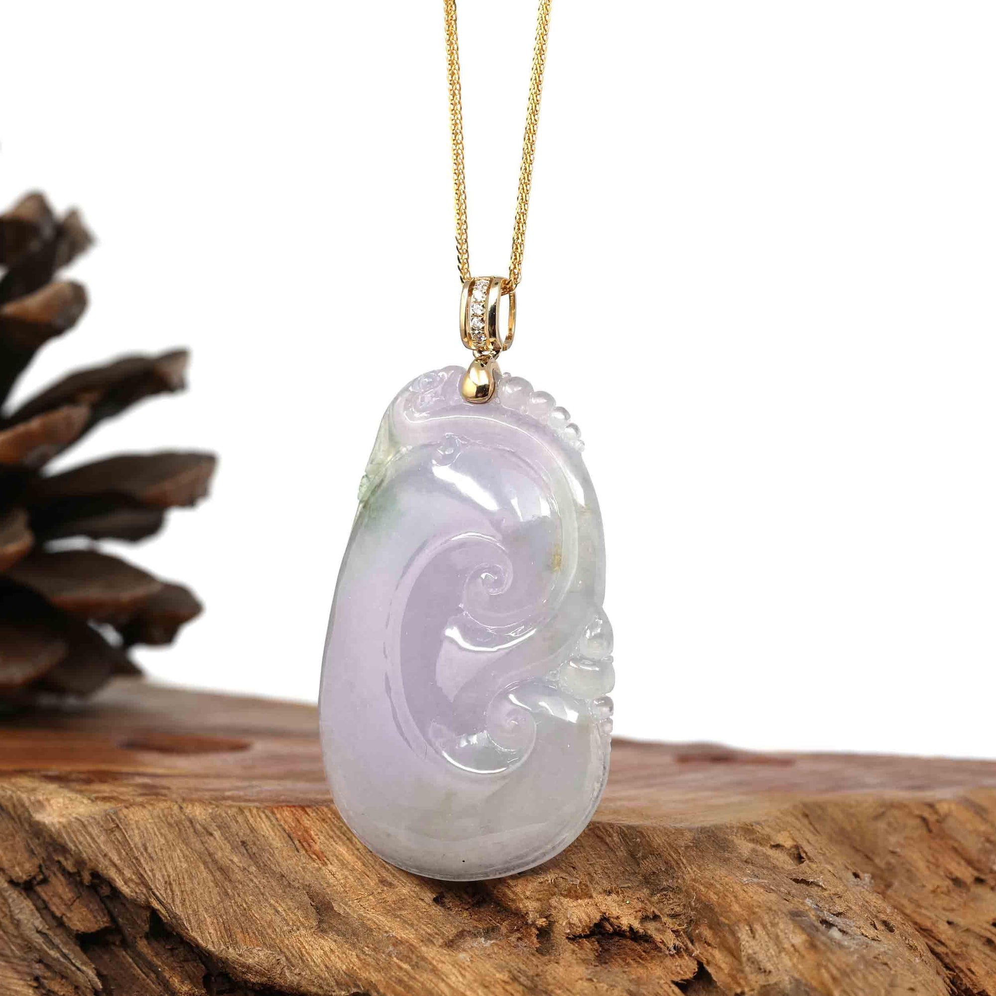 Baikalla Jewelry Jade Pendant Copy of Copy of Copy of Copy of Copy of 14k Yellow Gold Genuine Burmese Light Lavender Jadeite Happiness and Safety  (Fu & Pingan) Pendant Necklace