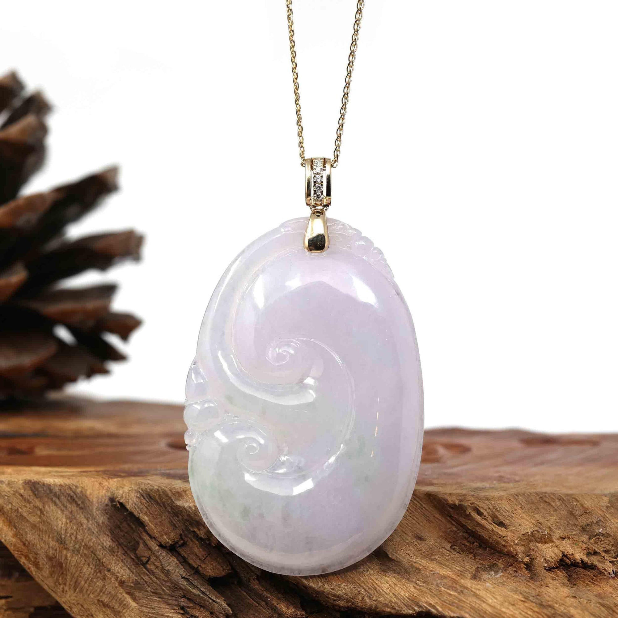 Baikalla Jewelry Jade Pendant Copy of Copy of Copy of 14k Yellow Gold Genuine Burmese Light Lavender Jadeite Happiness and Safety  (Fu & Pingan) Pendant Necklace