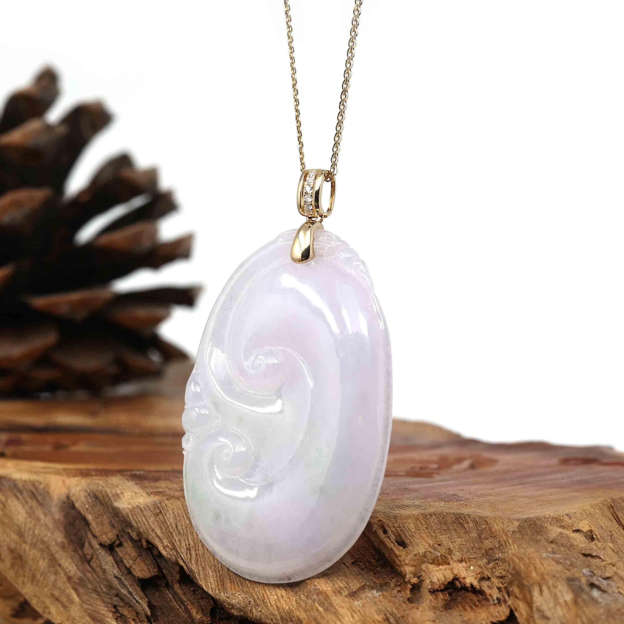 Baikalla Jewelry Jade Pendant Copy of Copy of Copy of 14k Yellow Gold Genuine Burmese Light Lavender Jadeite Happiness and Safety  (Fu &amp; Pingan) Pendant Necklace