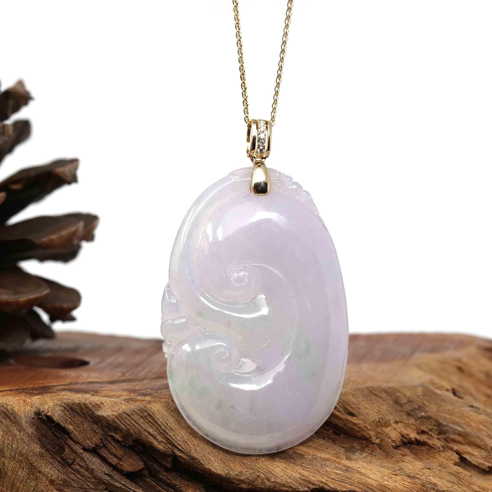 Baikalla Jewelry Jade Pendant Copy of Copy of Copy of 14k Yellow Gold Genuine Burmese Light Lavender Jadeite Happiness and Safety  (Fu & Pingan) Pendant Necklace