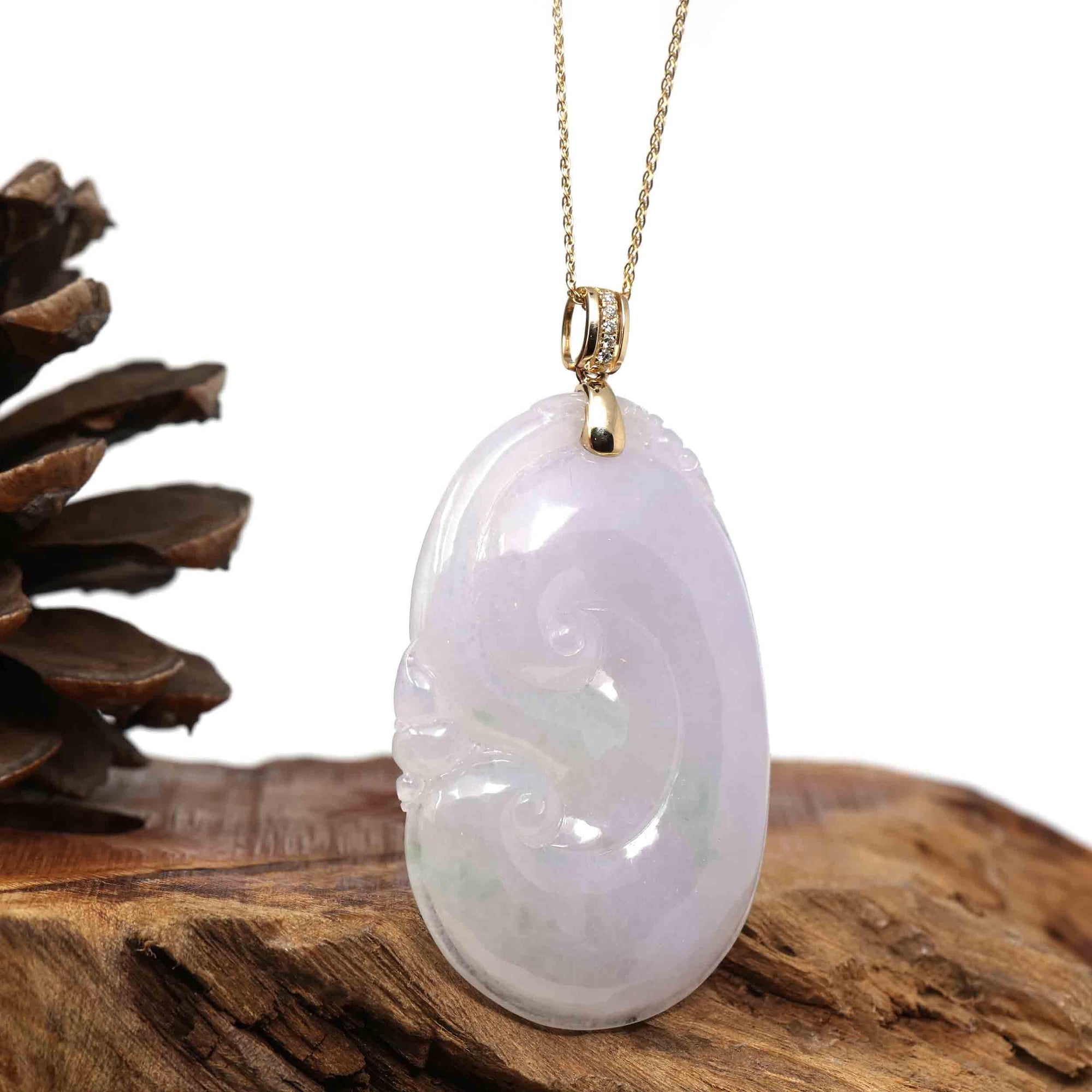 Baikalla Jewelry Jade Pendant Copy of Copy of Copy of 14k Yellow Gold Genuine Burmese Light Lavender Jadeite Happiness and Safety  (Fu &amp; Pingan) Pendant Necklace