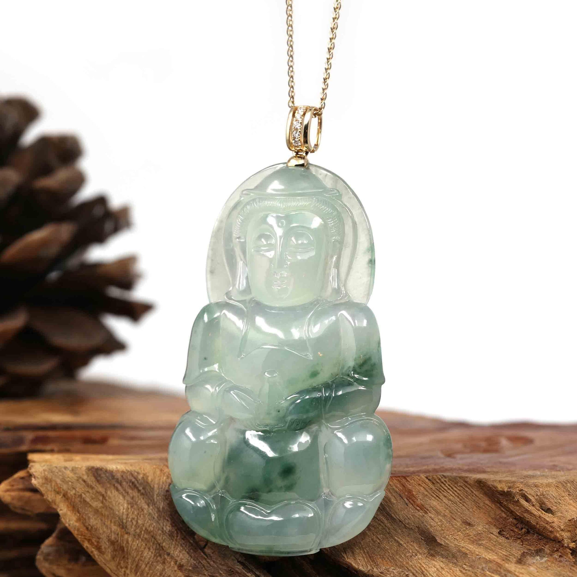 Baikalla Jewelry Jade Guanyin Pendant Necklace Copy of Baikalla 14k Yellow Gold "Goddess of Compassion" Genuine Ice Burmese Jadeite Jade Guanyin Necklace With Gold Bail