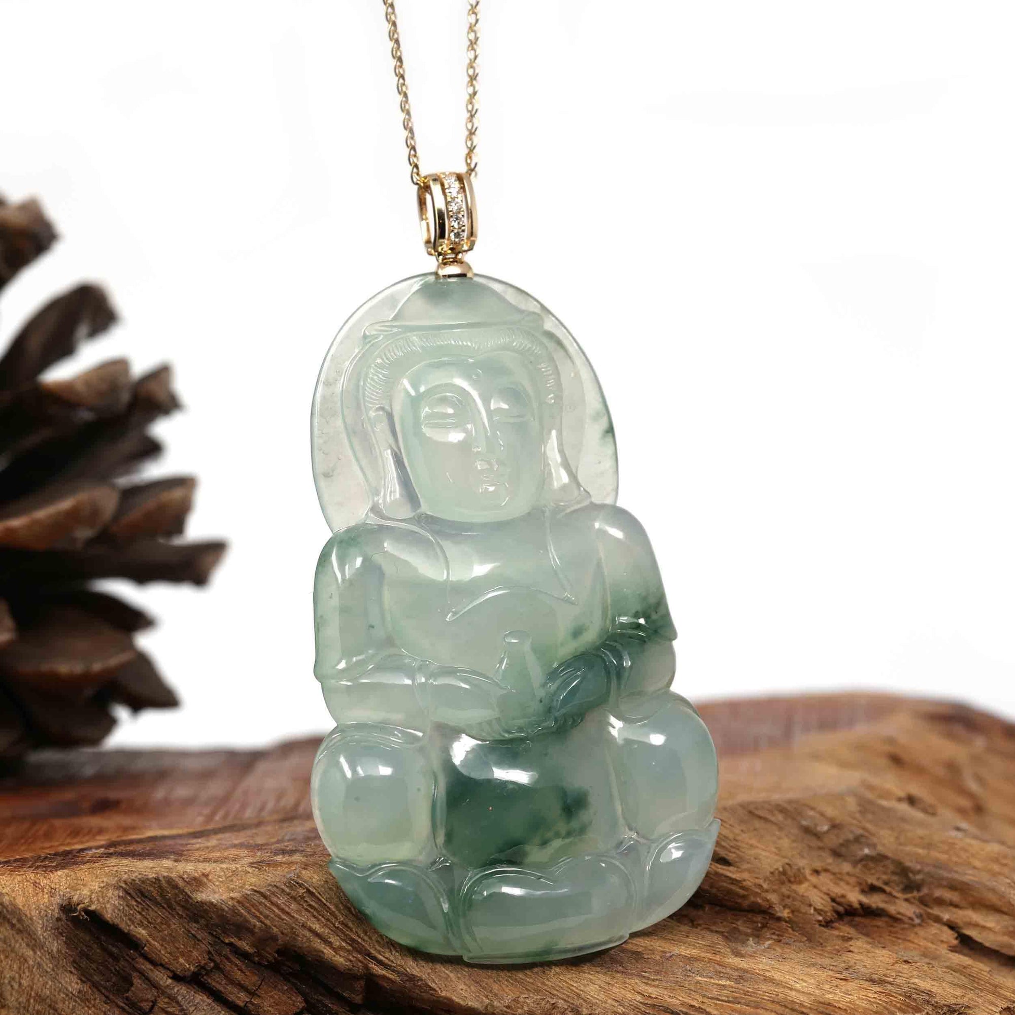 Baikalla Jewelry Jade Guanyin Pendant Necklace Copy of Baikalla 14k Yellow Gold "Goddess of Compassion" Genuine Ice Burmese Jadeite Jade Guanyin Necklace With Gold Bail