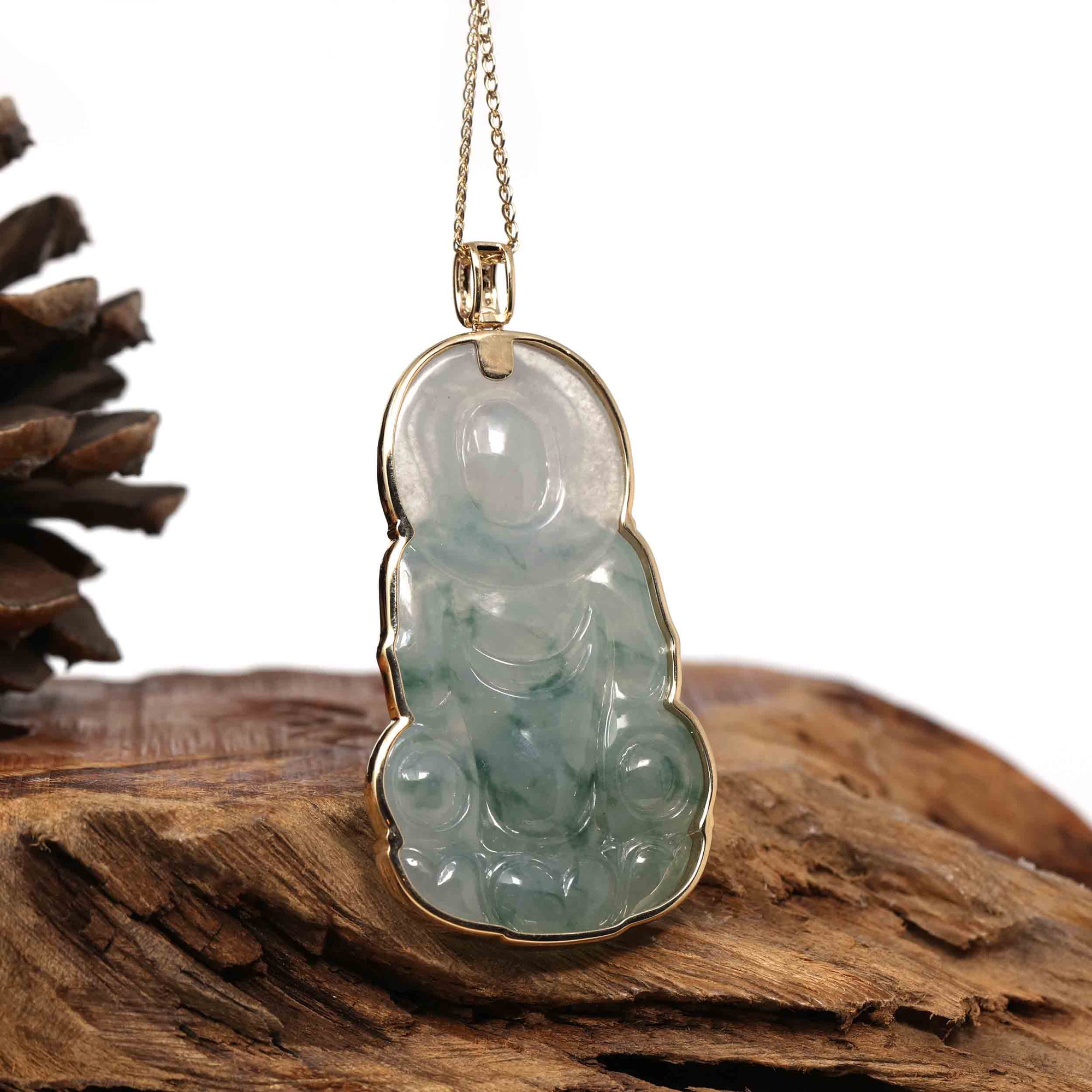 Baikalla Jewelry Jade Guanyin Pendant Necklace Copy of Copy of Baikalla 14k Yellow Gold "Goddess of Compassion" Genuine Ice Burmese Jadeite Jade Guanyin Necklace With Gold Bail