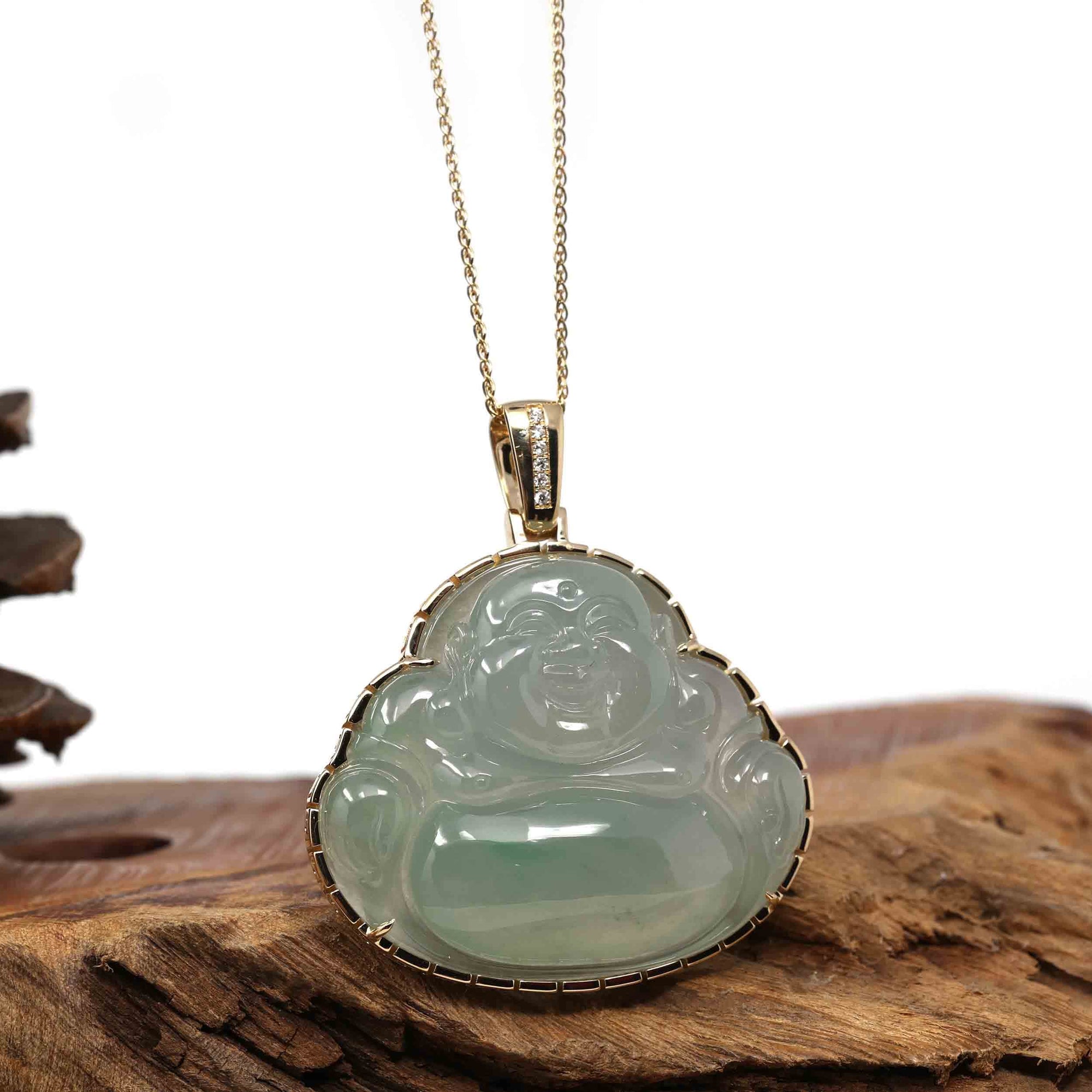 Baikalla Jewelry 18k Gold Jadeite Necklace Copy of Baikalla 18K Rose Gold Genuine Burmese Ice Jadeite Buddha Pendant with Diamonds