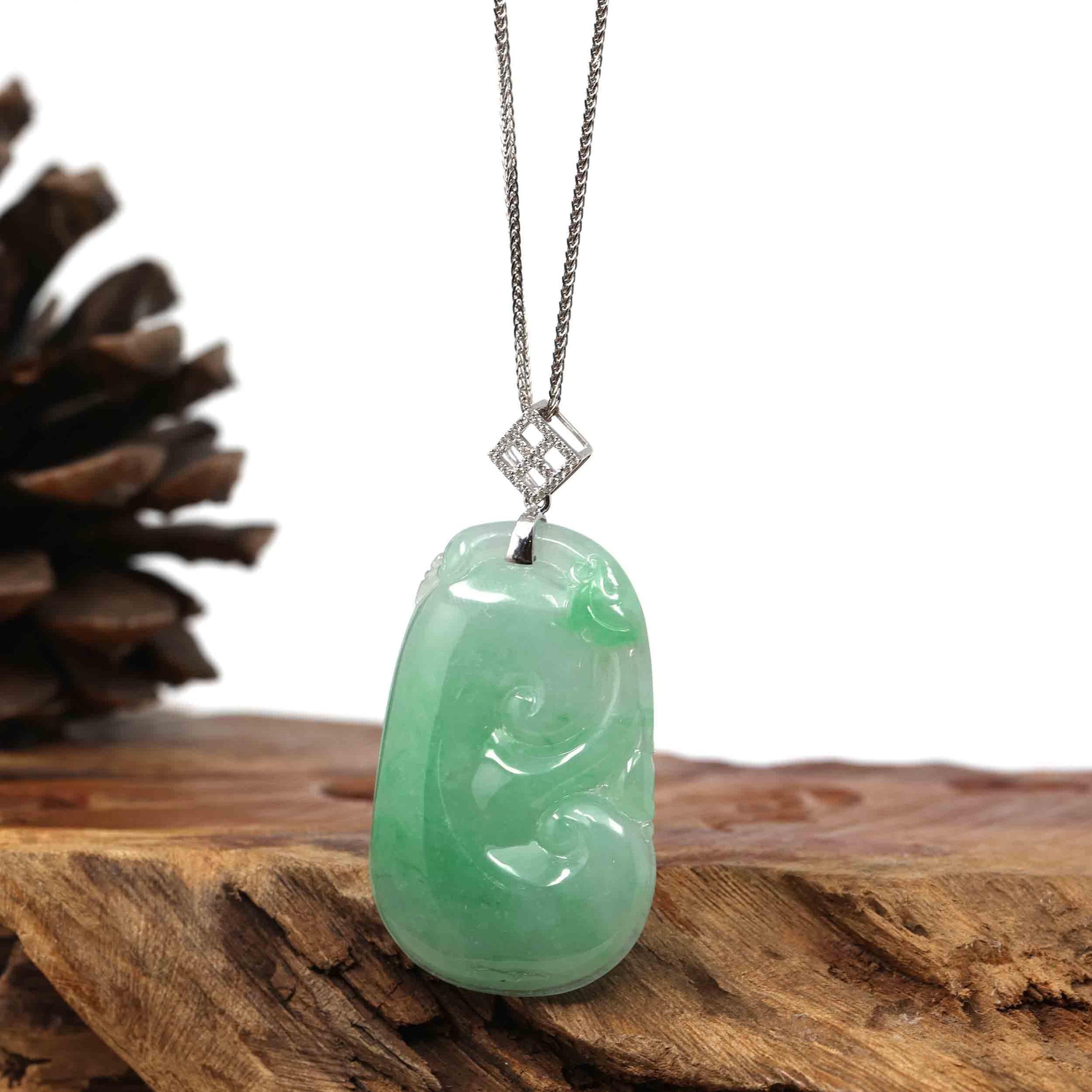 Baikalla Jewelry 18k Gold Jadeite Pendant Genuine Burmese Ice Blue Jadeite RuYi Pendant with 18k White Gold Bail