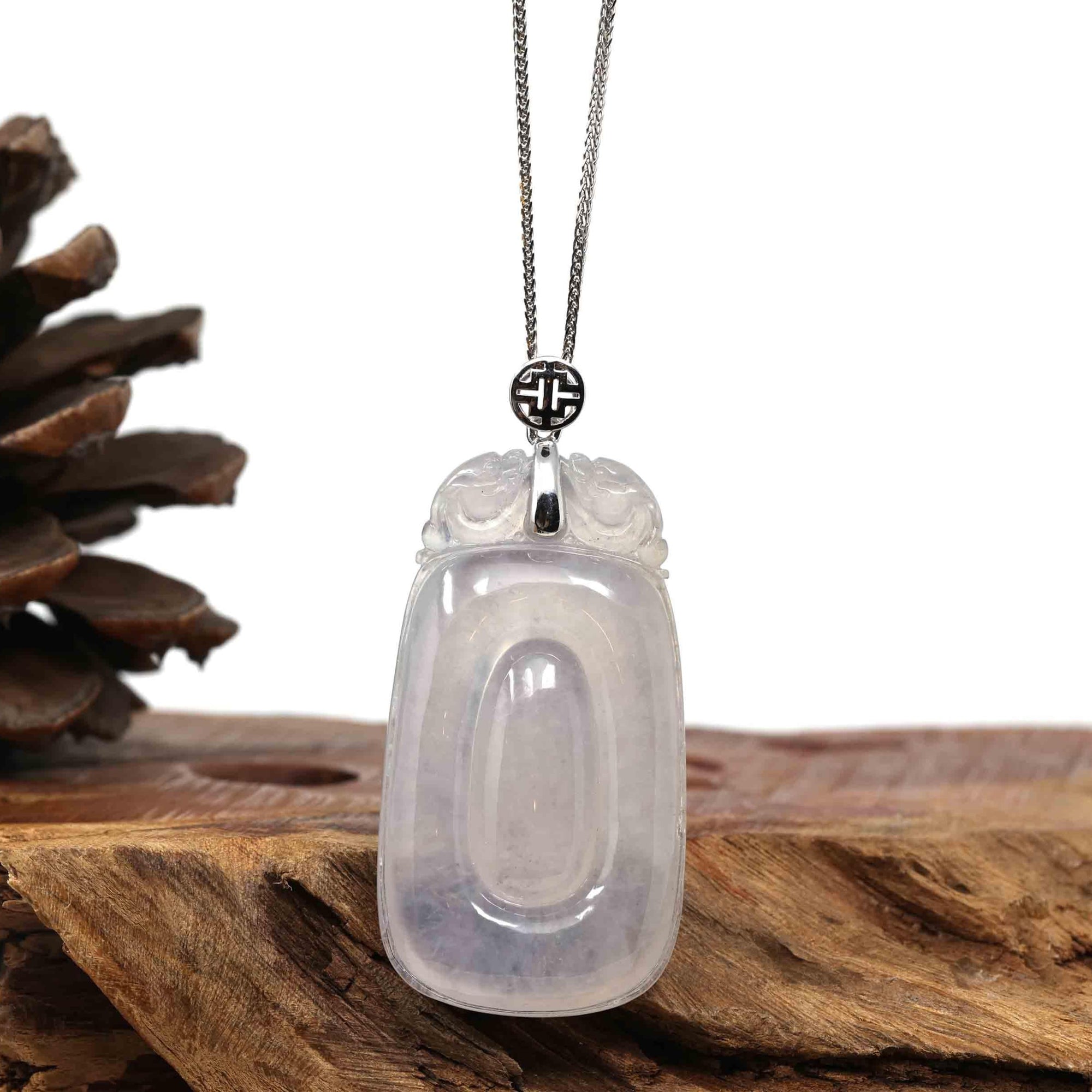 Baikalla Jewelry Jade Guanyin Pendant Necklace Copy of Genuine Ice White Jadeite Jade Fu Zai Yan Qian Pendant Necklace With 14K White Gold Bail