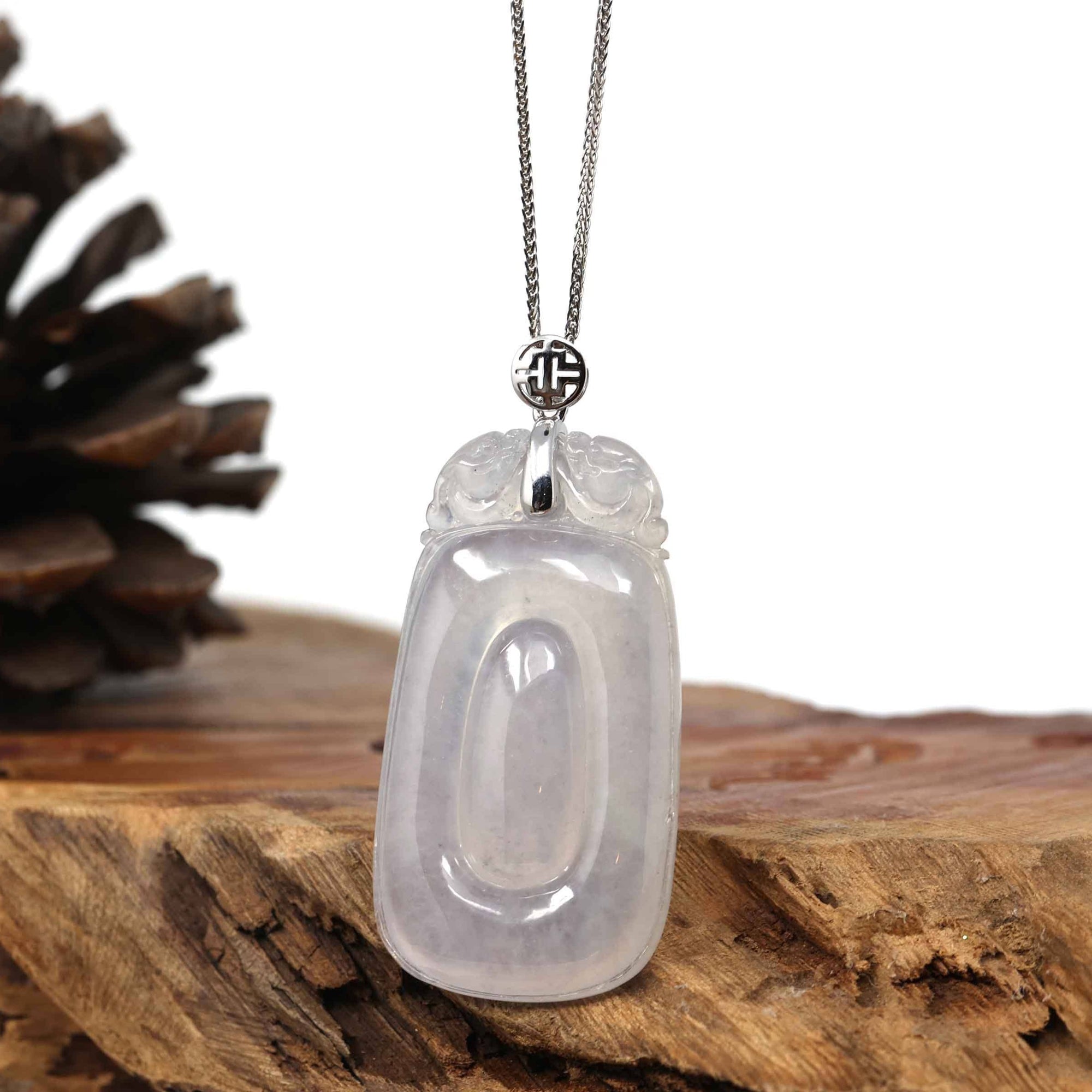 Baikalla Jewelry Jade Guanyin Pendant Necklace Copy of Genuine Ice White Jadeite Jade Fu Zai Yan Qian Pendant Necklace With 14K White Gold Bail