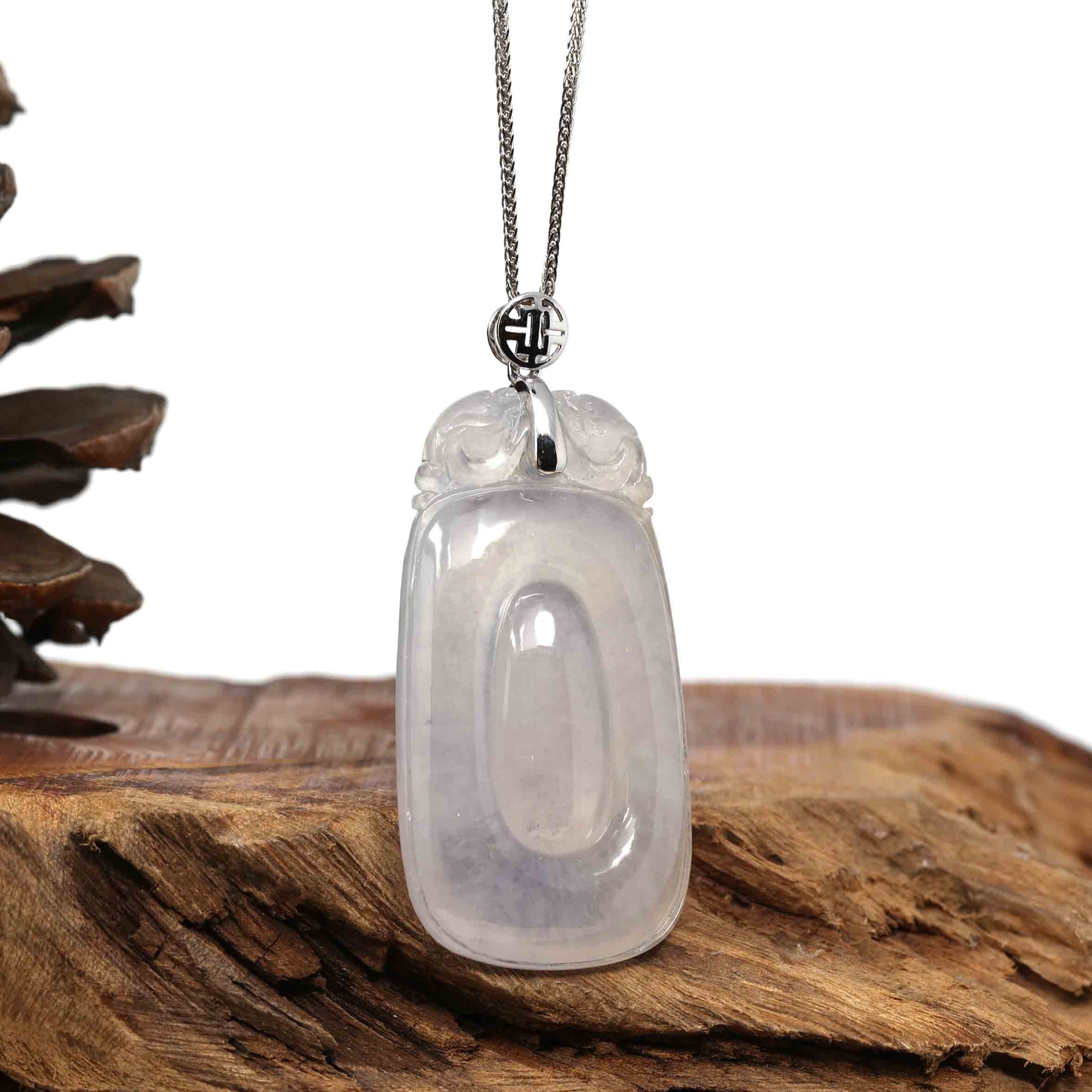 Baikalla Jewelry Jade Guanyin Pendant Necklace Copy of Genuine Ice White Jadeite Jade Fu Zai Yan Qian Pendant Necklace With 14K White Gold Bail