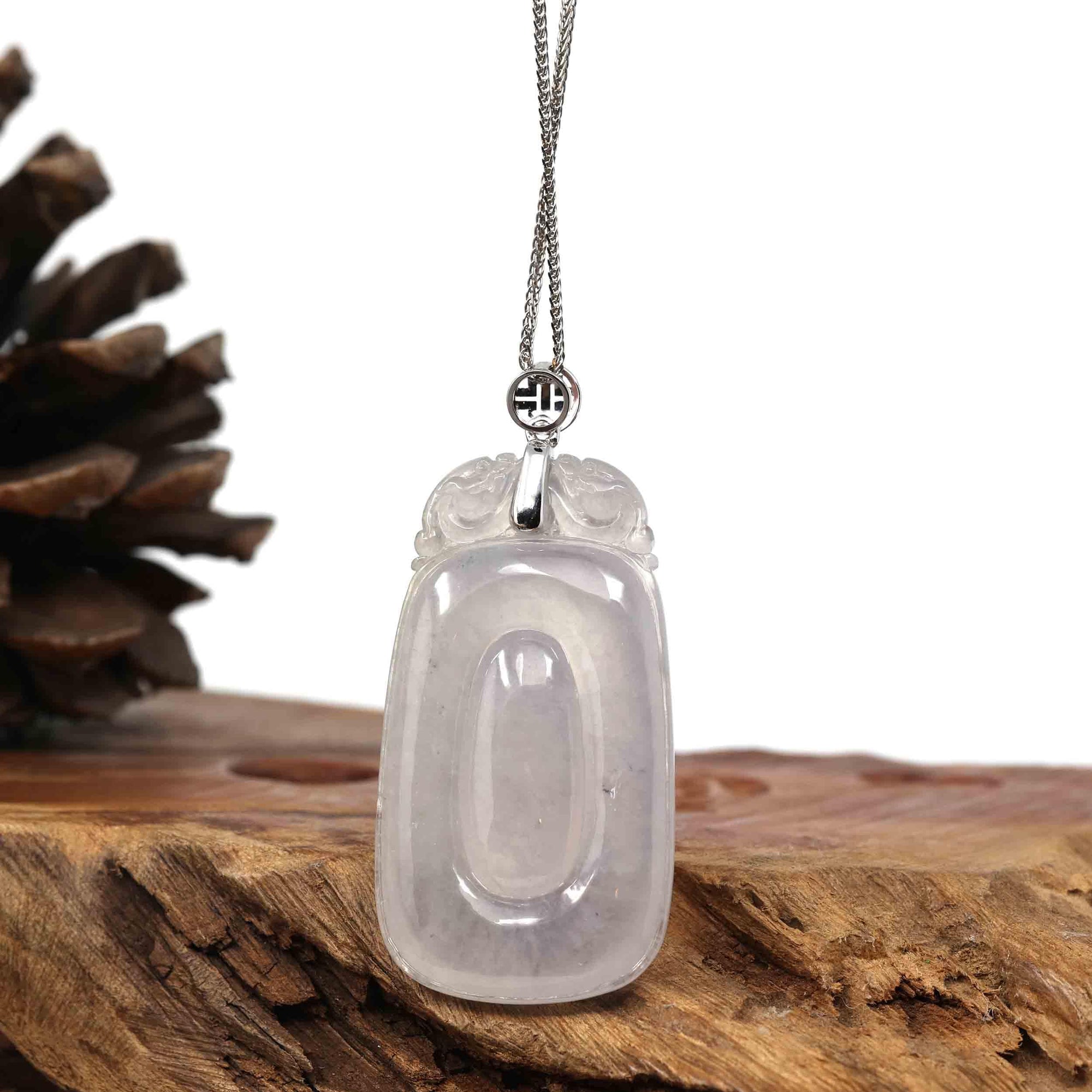 Baikalla Jewelry Jade Guanyin Pendant Necklace Copy of Genuine Ice White Jadeite Jade Fu Zai Yan Qian Pendant Necklace With 14K White Gold Bail