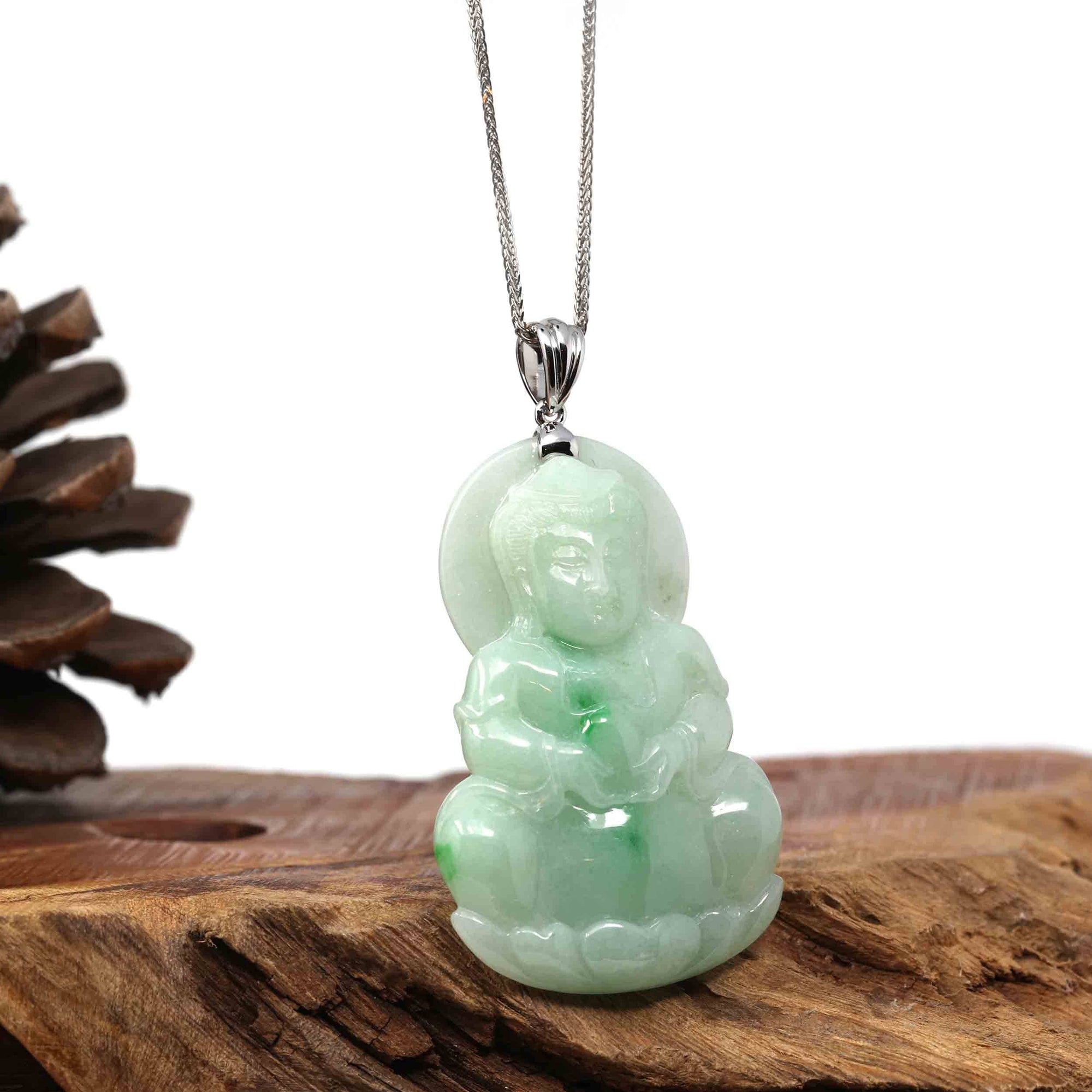 Baikalla Jewelry Jade Guanyin Pendant Necklace Copy of Baikalla 14k "Goddess of Compassion" Genuine Burmese Jadeite Jade Guanyin Necklace With Good Luck Design