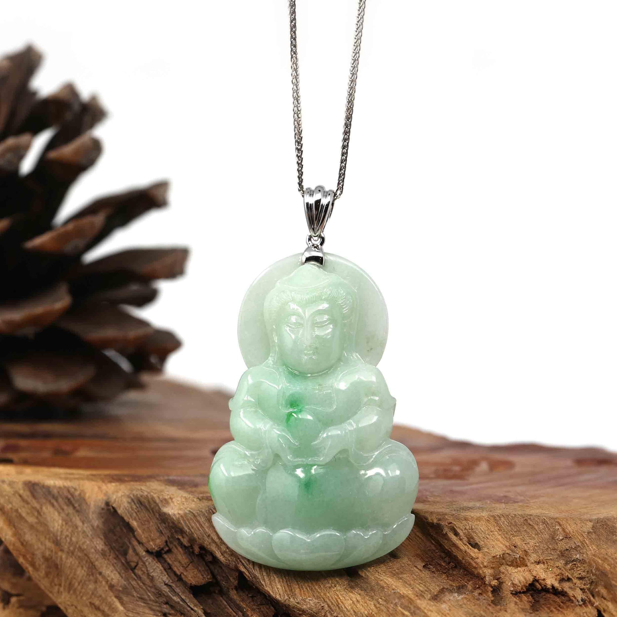 Baikalla Jewelry Jade Guanyin Pendant Necklace Copy of Baikalla 14k "Goddess of Compassion" Genuine Burmese Jadeite Jade Guanyin Necklace With Good Luck Design