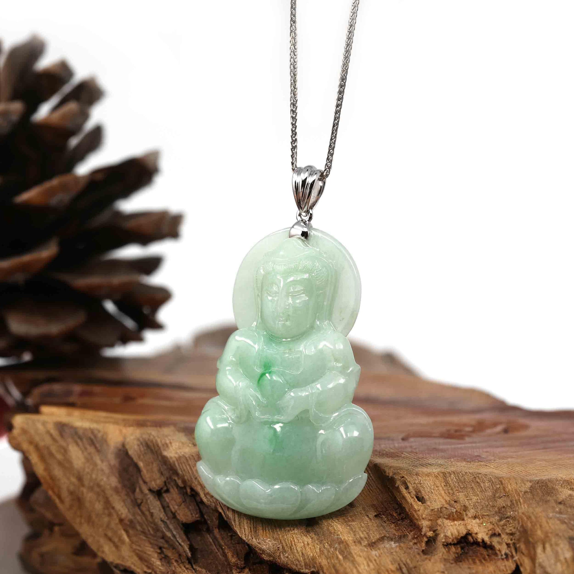 Baikalla Jewelry Jade Guanyin Pendant Necklace Copy of Baikalla 14k "Goddess of Compassion" Genuine Burmese Jadeite Jade Guanyin Necklace With Good Luck Design