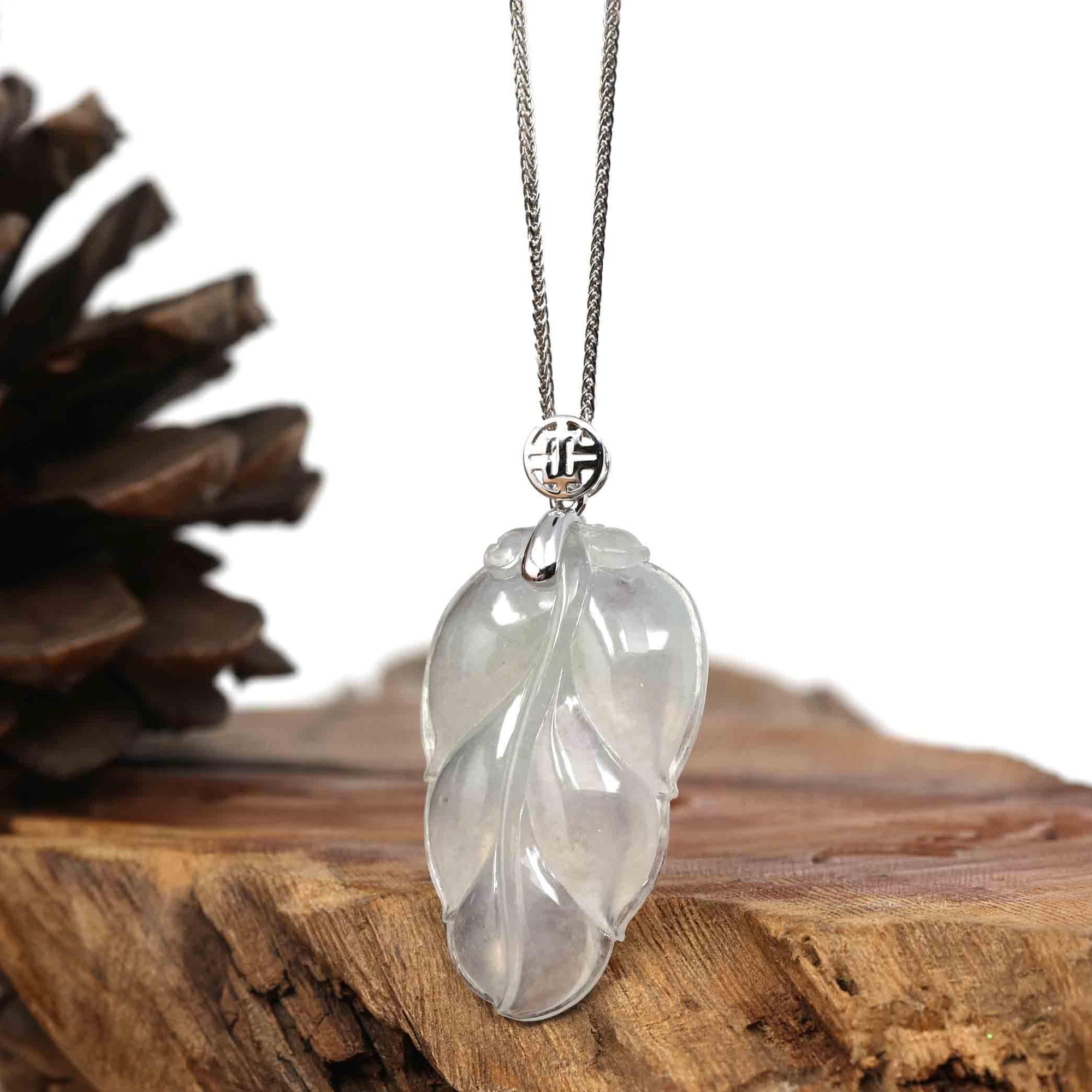 Baikalla Jewelry Jade Guanyin Pendant Necklace Copy of Genuine Ice Jadeite Jade Jin Zhi Yu Ye (Leaf) Necklace With White Gold VSI Diamond Bail