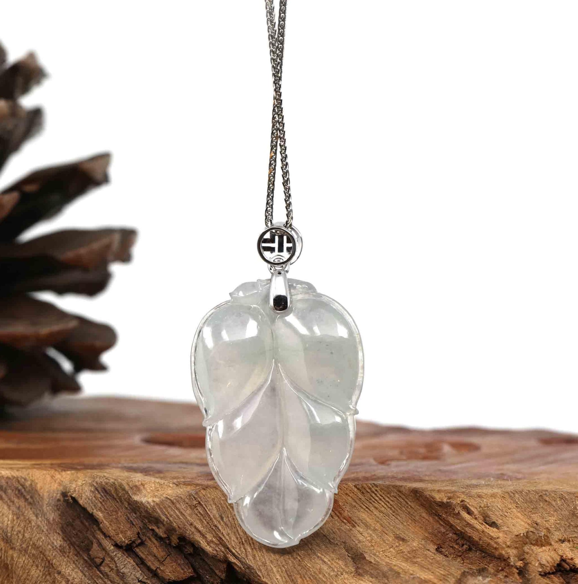 Baikalla Jewelry Jade Guanyin Pendant Necklace Copy of Genuine Ice Jadeite Jade Jin Zhi Yu Ye (Leaf) Necklace With White Gold VSI Diamond Bail