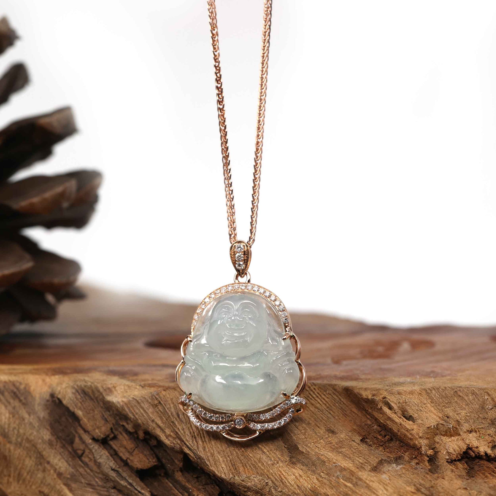 Baikalla Jewelry 18k Gold Jadeite Necklace Copy of Copy of Baikalla 18K Rose Gold Genuine Burmese Ice Jadeite Buddha Pendant with Diamonds High Jewelry