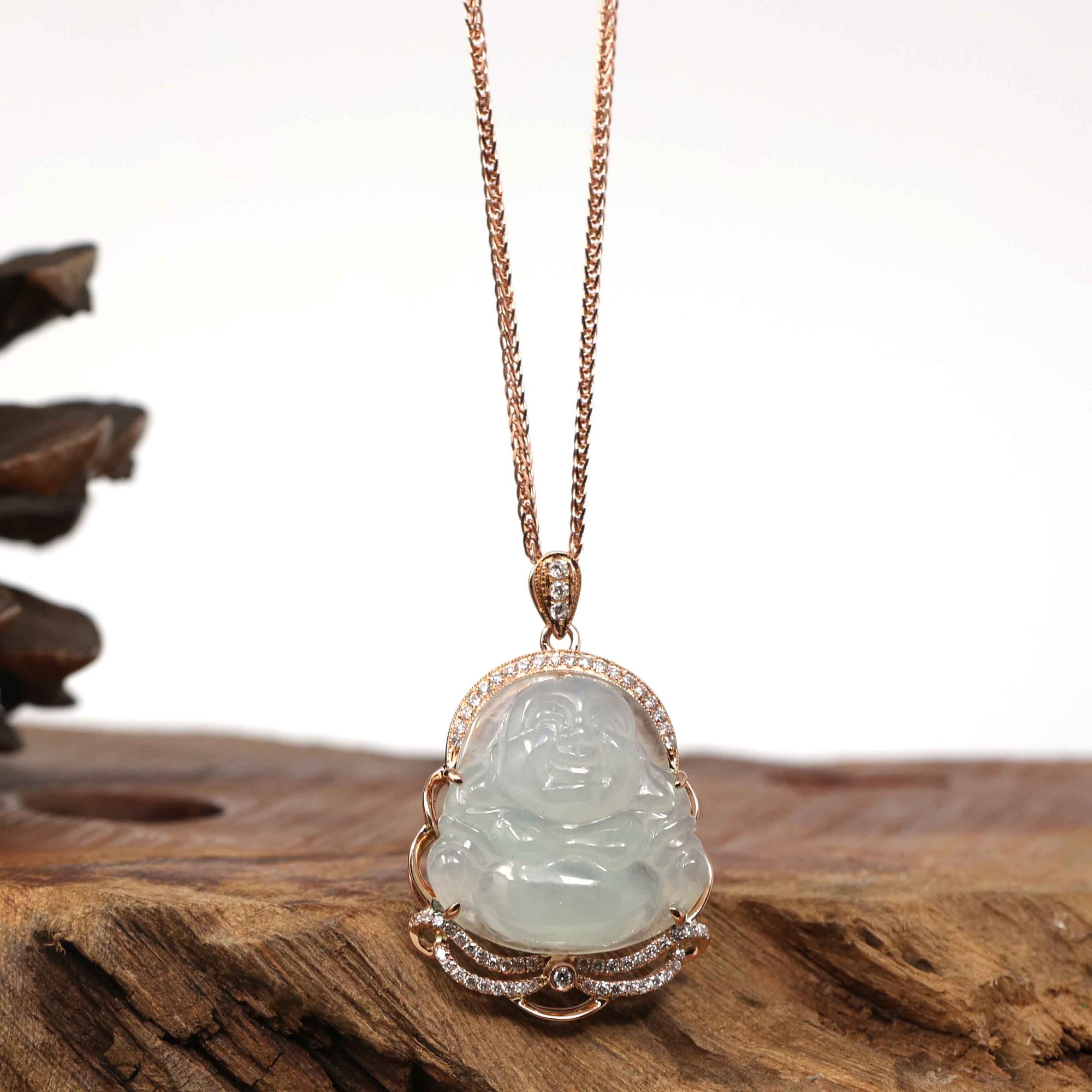 Baikalla Jewelry 18k Gold Jadeite Necklace Copy of Copy of Baikalla 18K Rose Gold Genuine Burmese Ice Jadeite Buddha Pendant with Diamonds High Jewelry