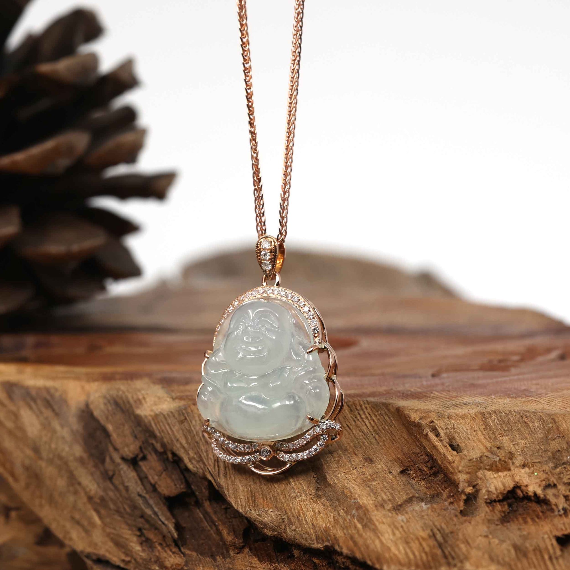 Baikalla Jewelry 18k Gold Jadeite Necklace Copy of Copy of Baikalla 18K Rose Gold Genuine Burmese Ice Jadeite Buddha Pendant with Diamonds High Jewelry