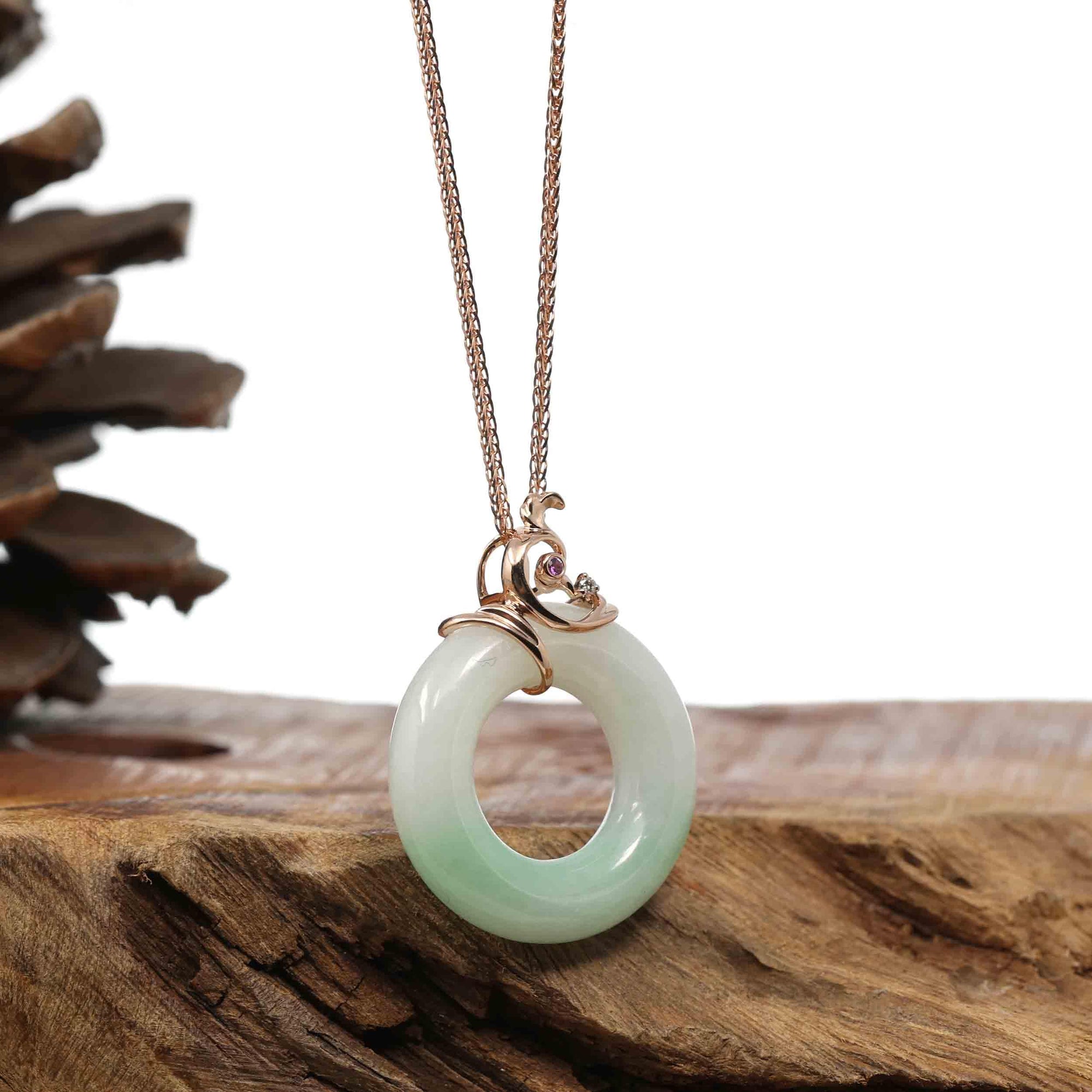 Baikalla Jewelry 18k Gold Jadeite Necklace Copy of 18k Rose Gold Genuine Burmese Jadeite Lucky Kou Kou Pendant Necklace With AA Ruby