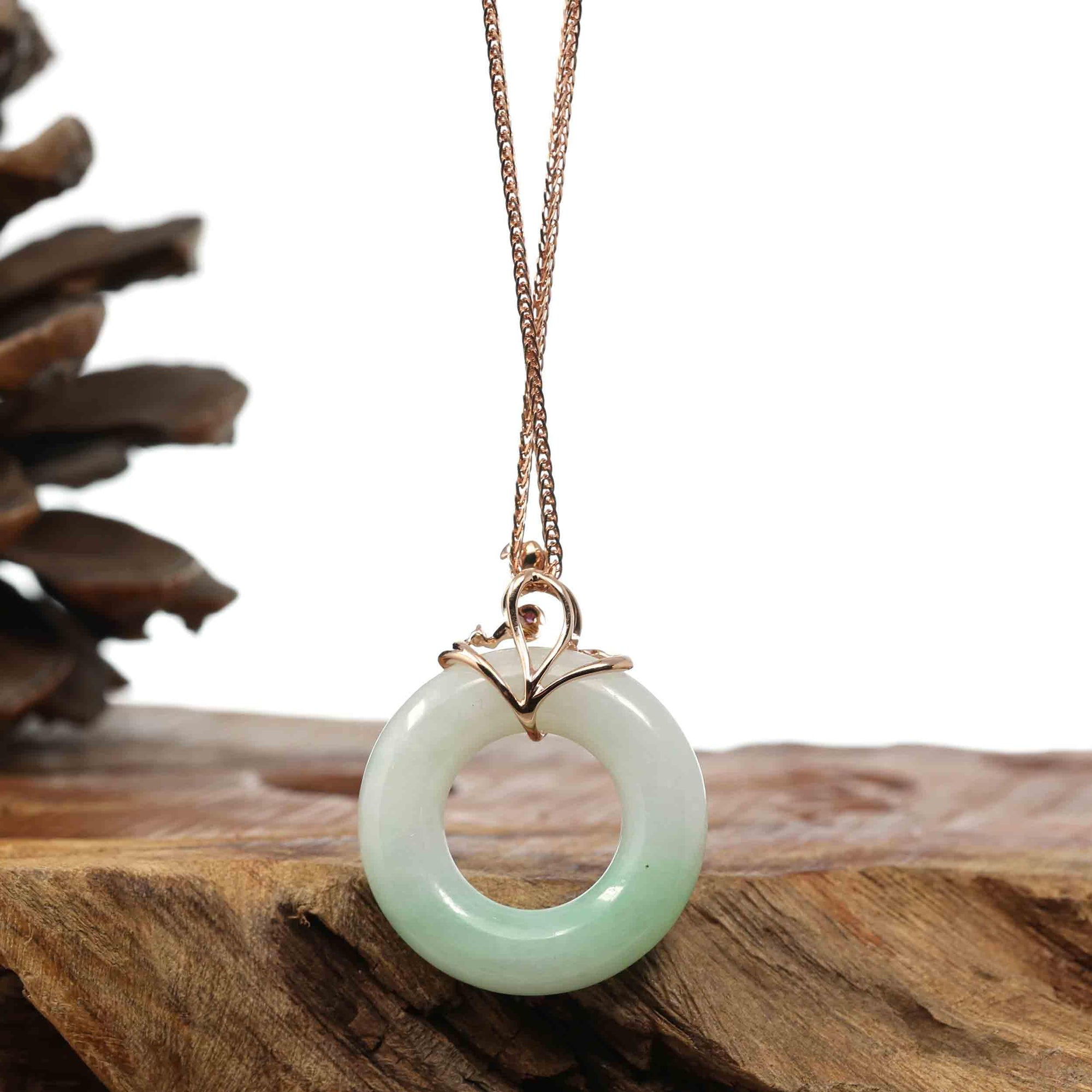 Baikalla Jewelry 18k Gold Jadeite Necklace Copy of 18k Rose Gold Genuine Burmese Jadeite Lucky Kou Kou Pendant Necklace With AA Ruby