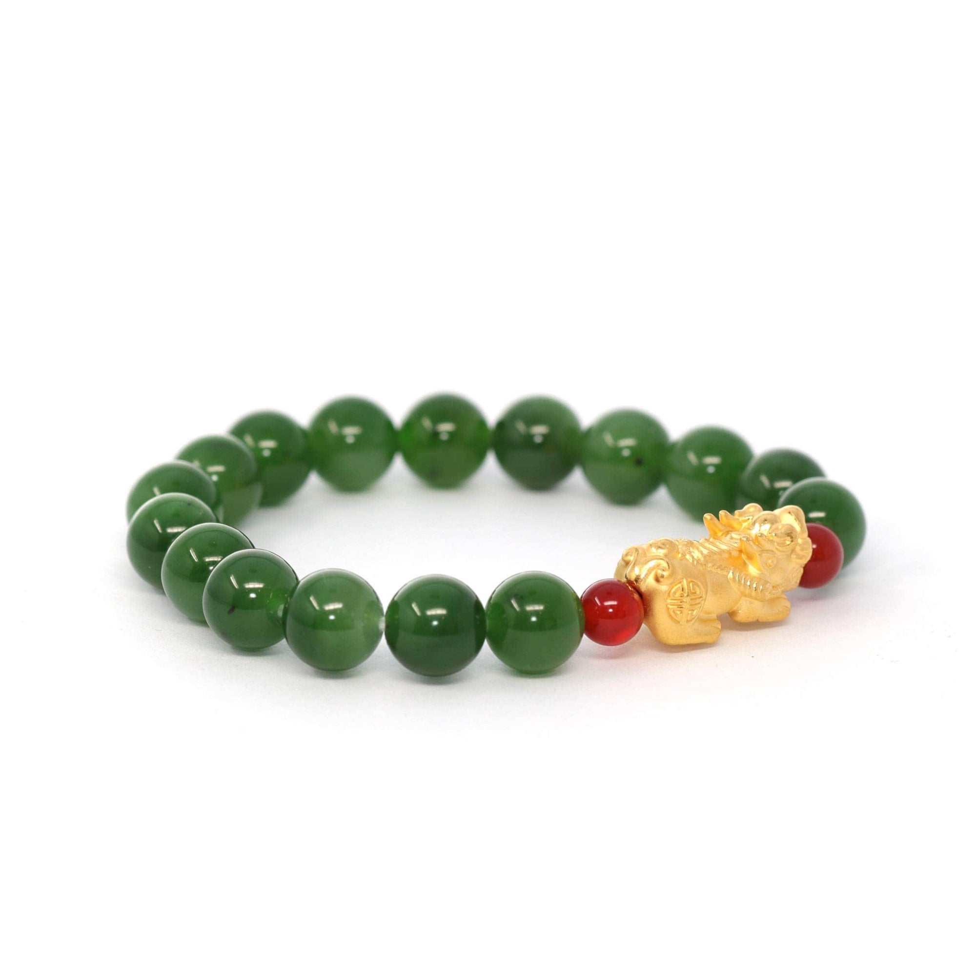 Baikalla Jewelry jade beads bracelet 24K Pure Yellow Gold PiXiu With Genuine Green Jade Round Beads Bracelet Bangle ( 9.5 mm )