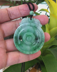 Genuine Green Jadeite Jade "Good Luck Money Circle with Dragon Accent" Pendant Necklace With Real Jadeite Bead Necklace