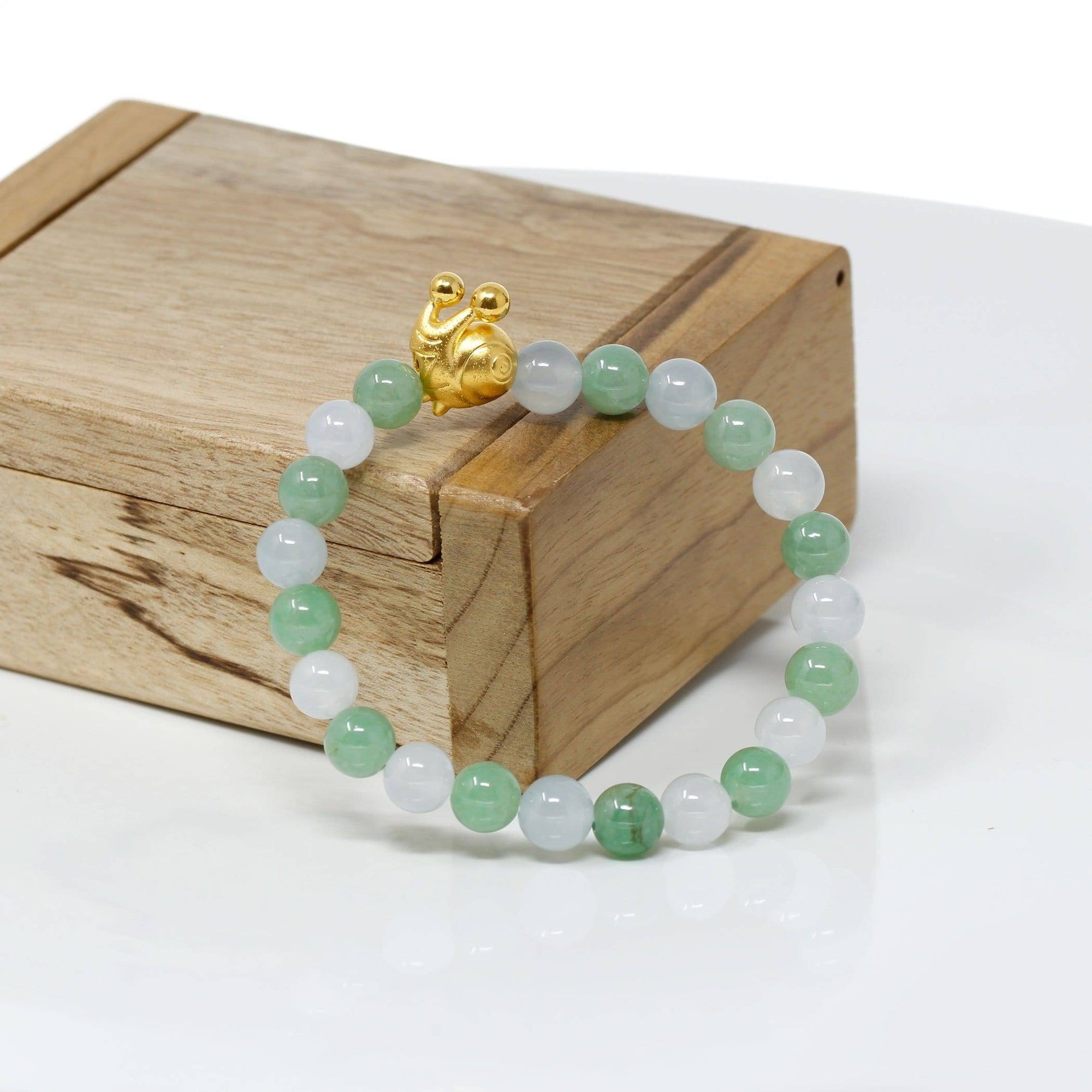 Baikalla Jewelry 24k Gold Jadeite Beads Bracelet Genuine High-quality Jade Jadeite Bracelet Bangle with 24k Yellow Gold Snail Charm 