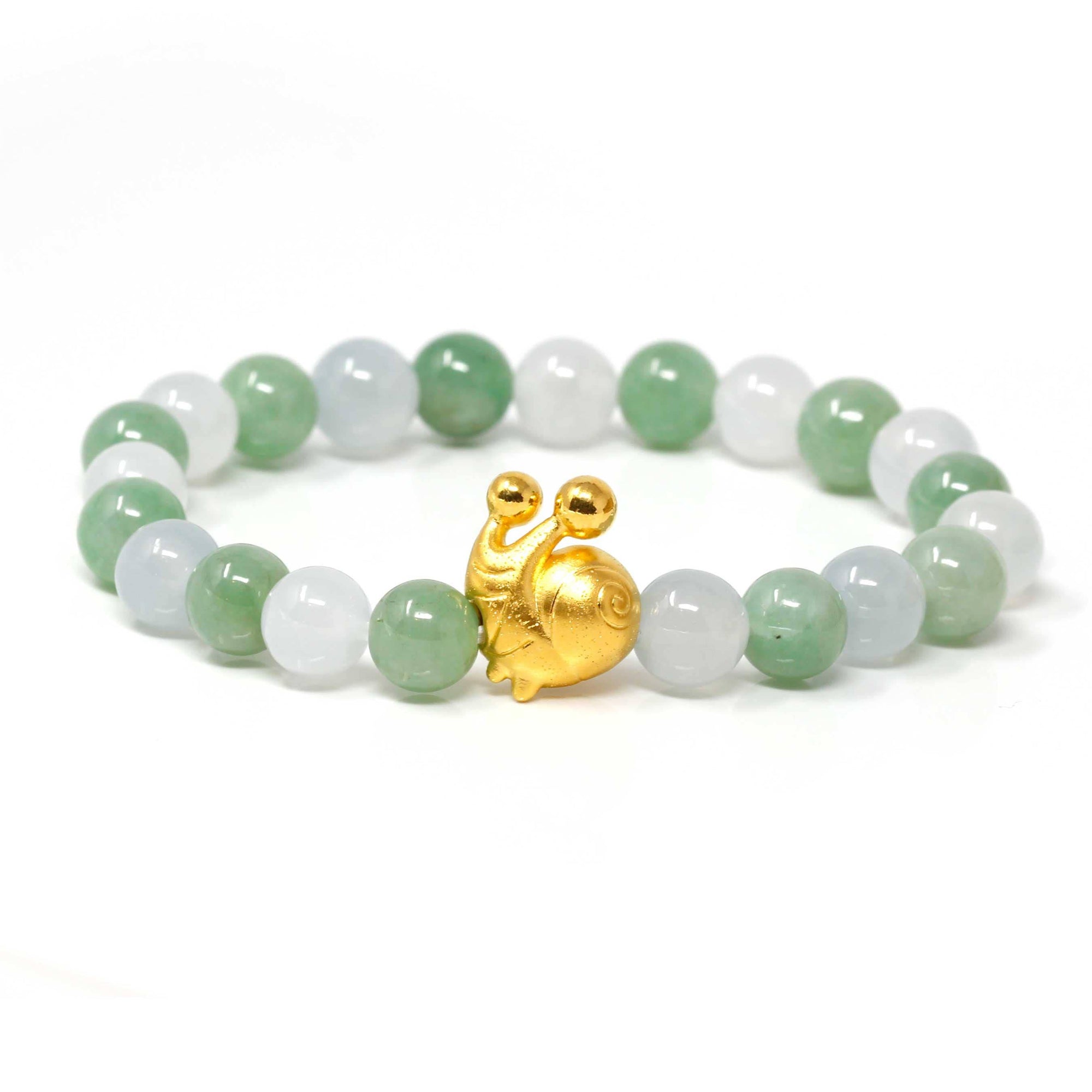 Baikalla Jewelry 24k Gold Jadeite Beads Bracelet Genuine High-quality Jade Jadeite Bracelet Bangle with 24k Yellow Gold Snail Charm 