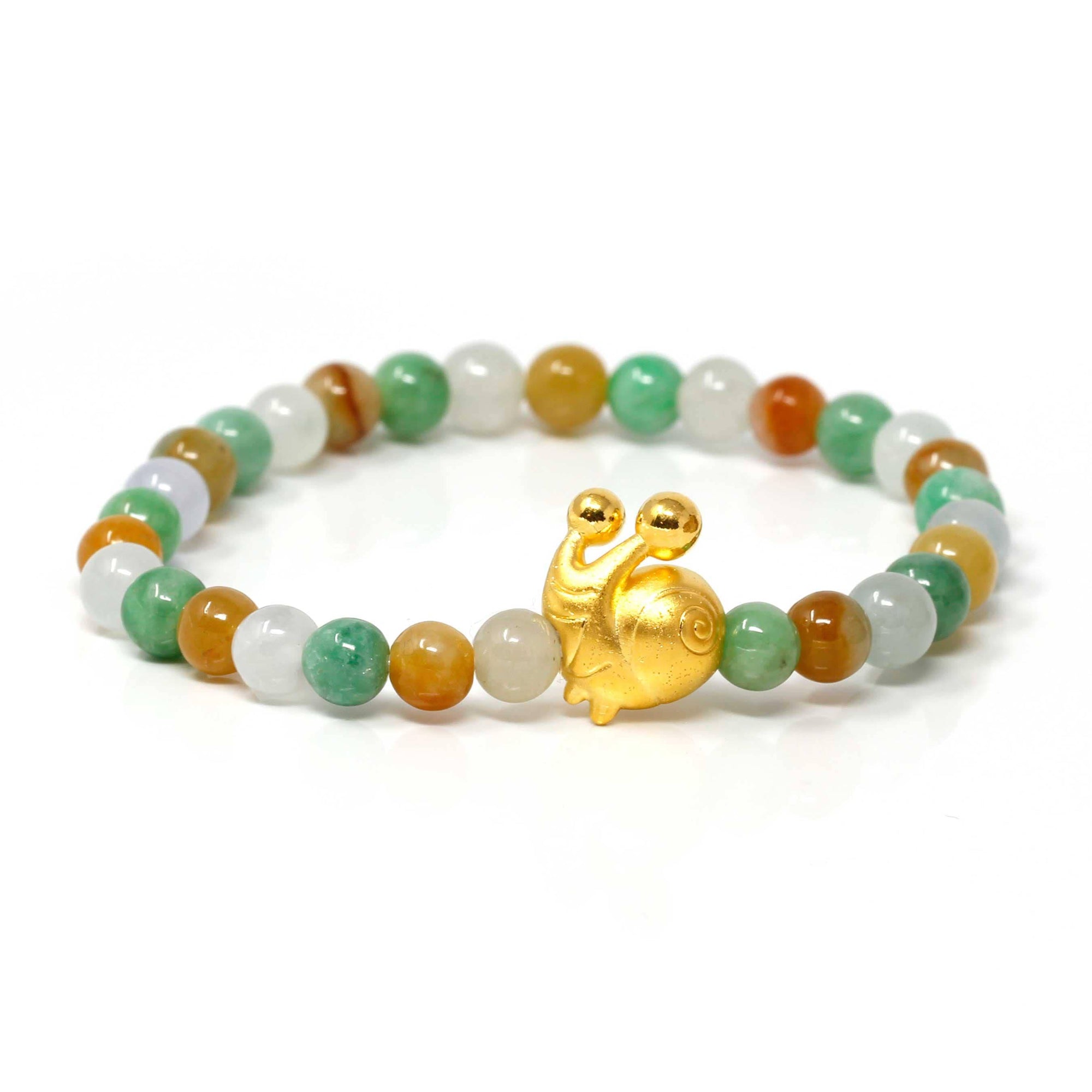 Baikalla Jewelry 24k Gold Jadeite Beads Bracelet Genuine High-quality Jade Jadeite Bracelet Bangle with 24k Yellow Gold Snail Charm Colorful  