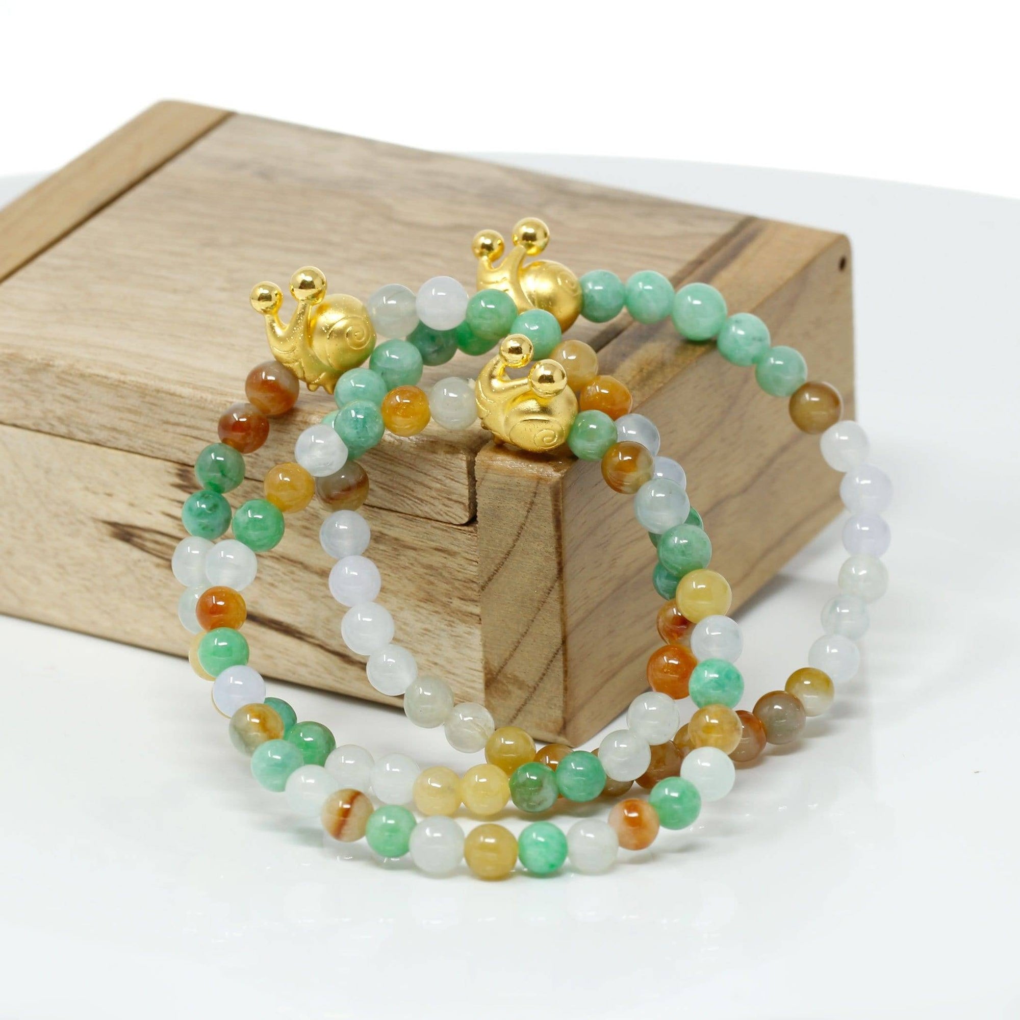 Baikalla Jewelry 24k Gold Jadeite Beads Bracelet Genuine High-quality Jade Jadeite Bracelet Bangle with 24k Yellow Gold Snail Charm Colorful  