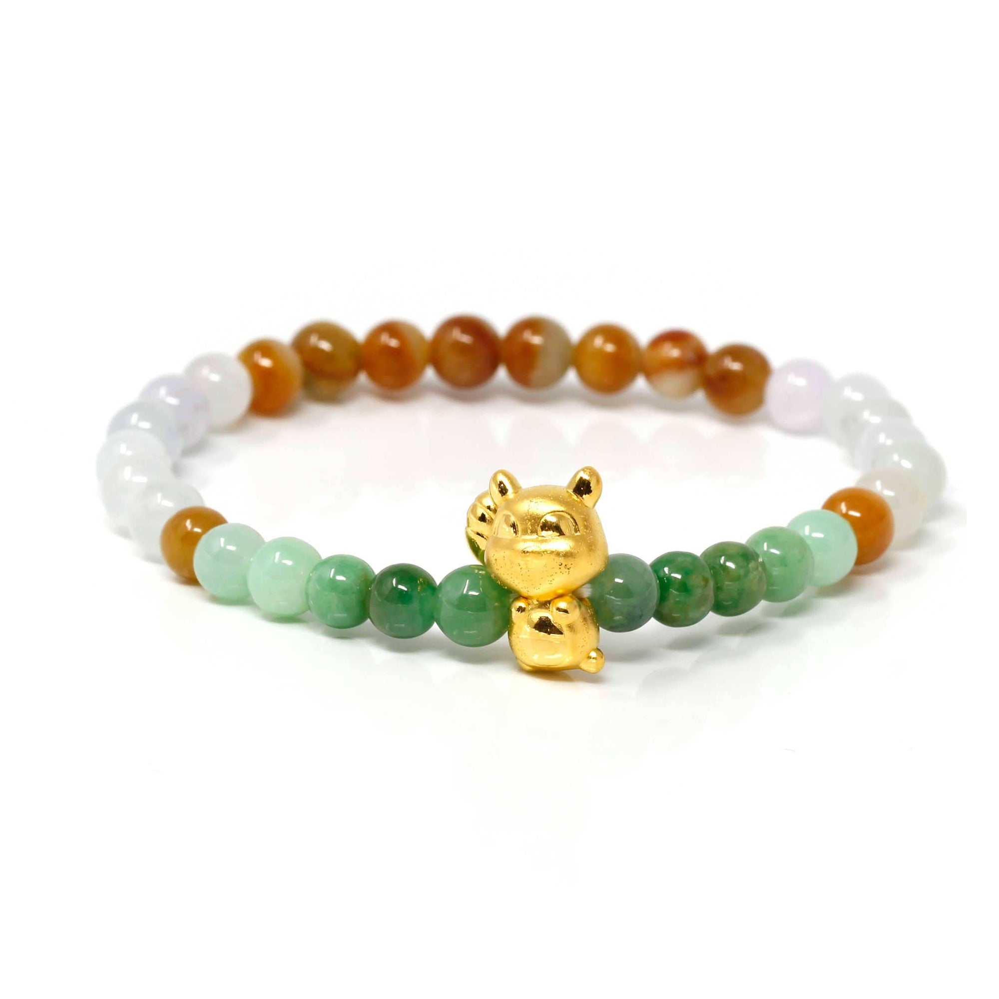 Baikalla Jewelry 24k Gold Jadeite Beads Bracelet Genuine High-quality Jade Jadeite Colorful Bracelet Bangle with 24k Yellow Gold Fox Charm