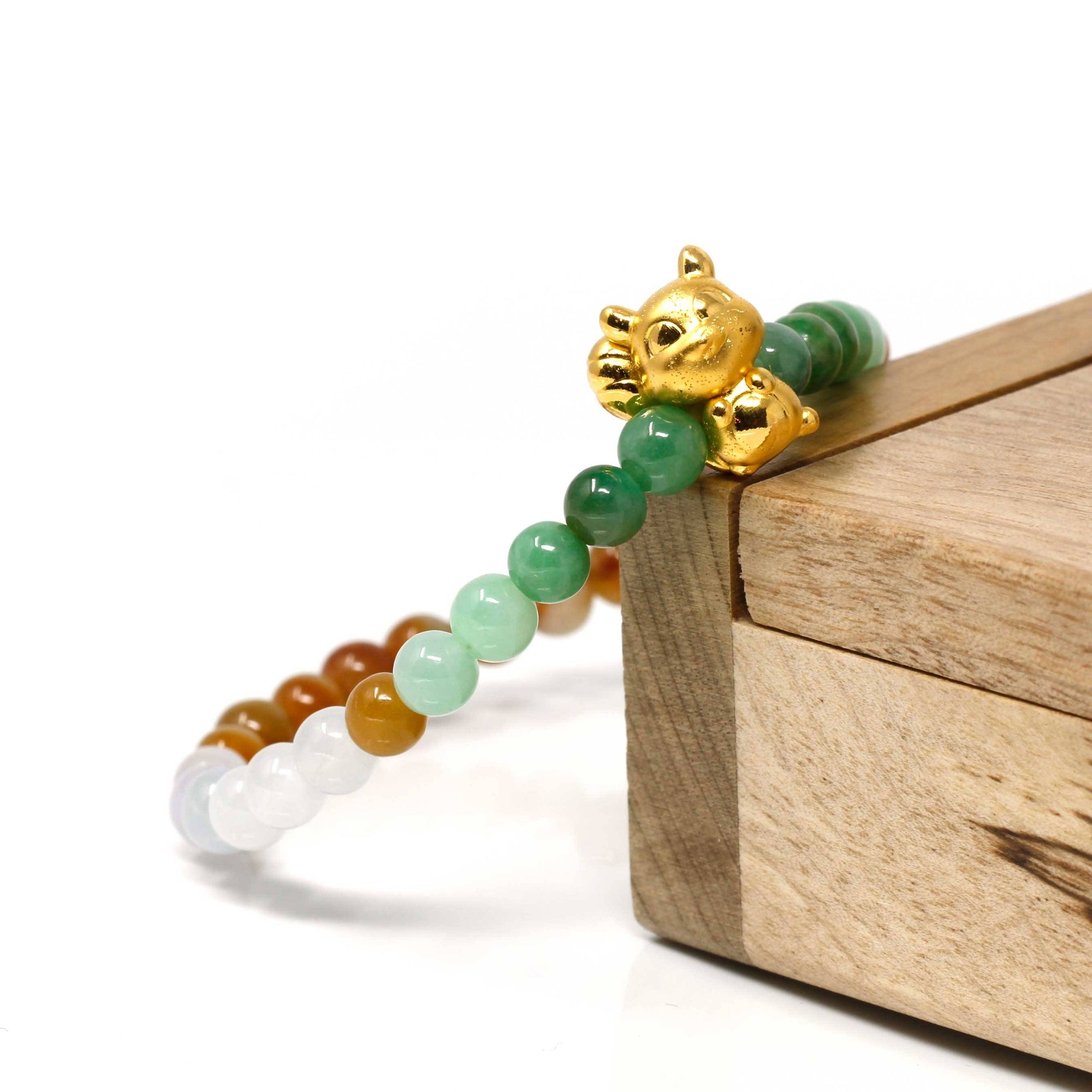 Baikalla Jewelry 24k Gold Jadeite Beads Bracelet XS 6 Inches Genuine High-quality Jade Jadeite Colorful Bracelet Bangle with 24k Yellow Gold Fox Charm