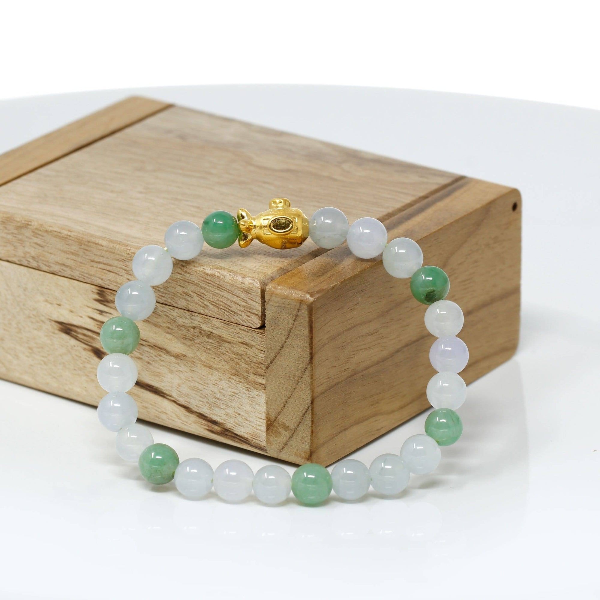 Baikalla Jewelry 24k Gold Jadeite Beads Bracelet Genuine High-quality Jade Jadeite Bracelet Bangle with 24k Yellow Gold Submarine Charm 