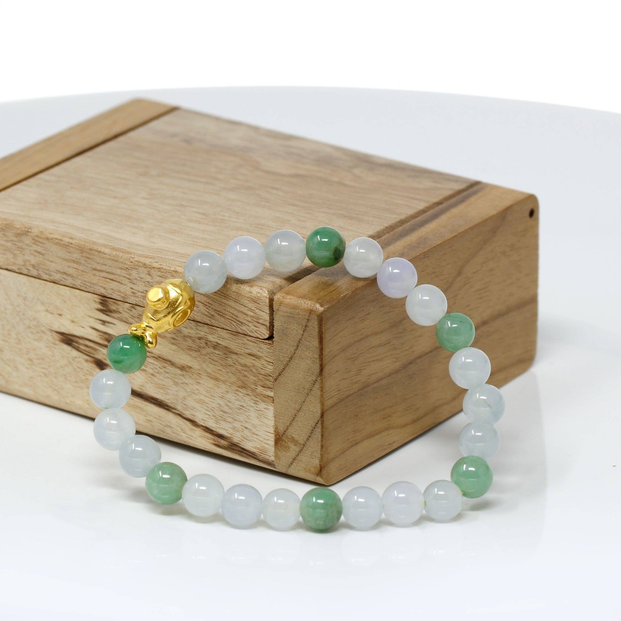 Baikalla Jewelry 24k Gold Jadeite Beads Bracelet Genuine High-quality Jade Jadeite Bracelet Bangle with 24k Yellow Gold Submarine Charm 