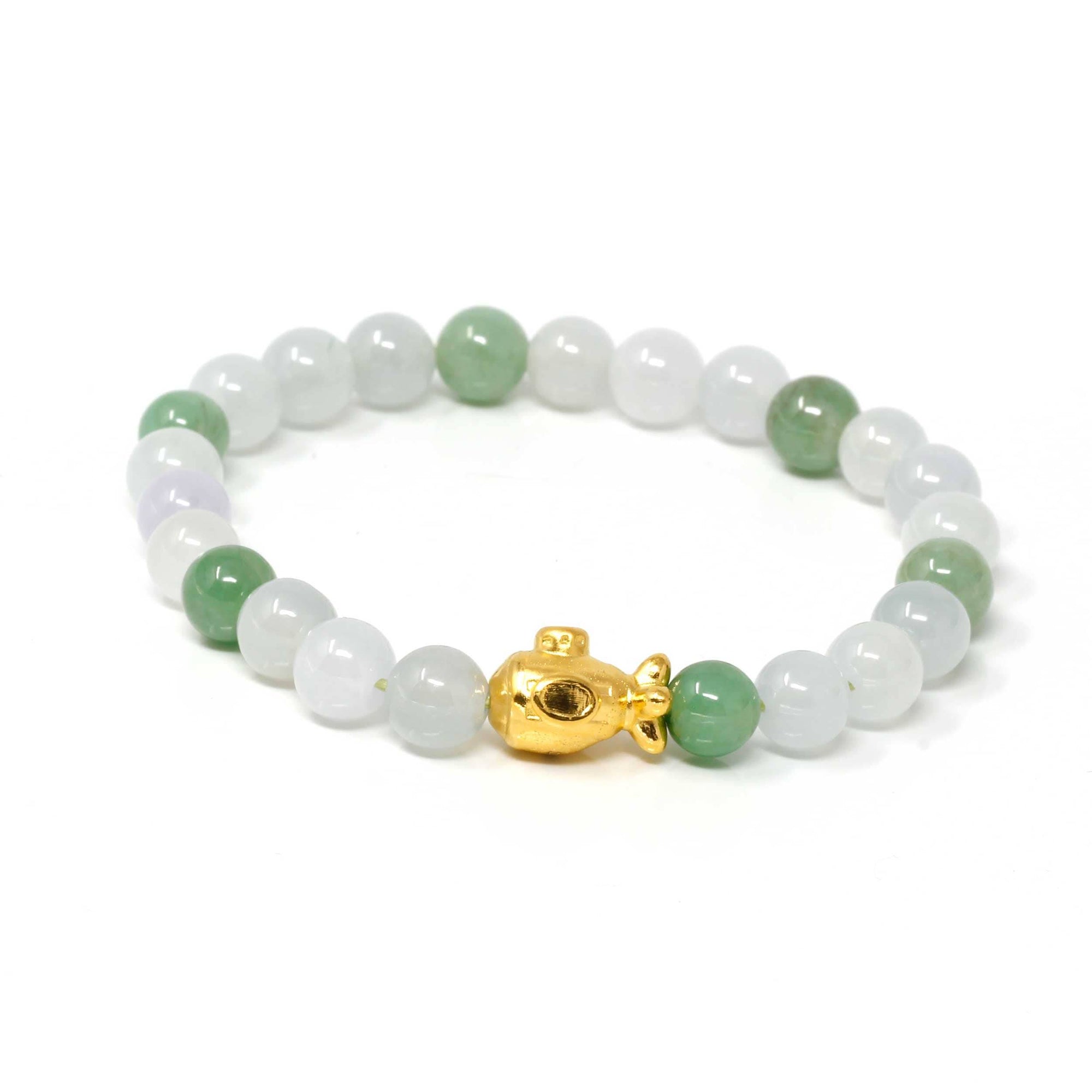 Baikalla Jewelry 24k Gold Jadeite Beads Bracelet Genuine High-quality Jade Jadeite Bracelet Bangle with 24k Yellow Gold Submarine Charm 