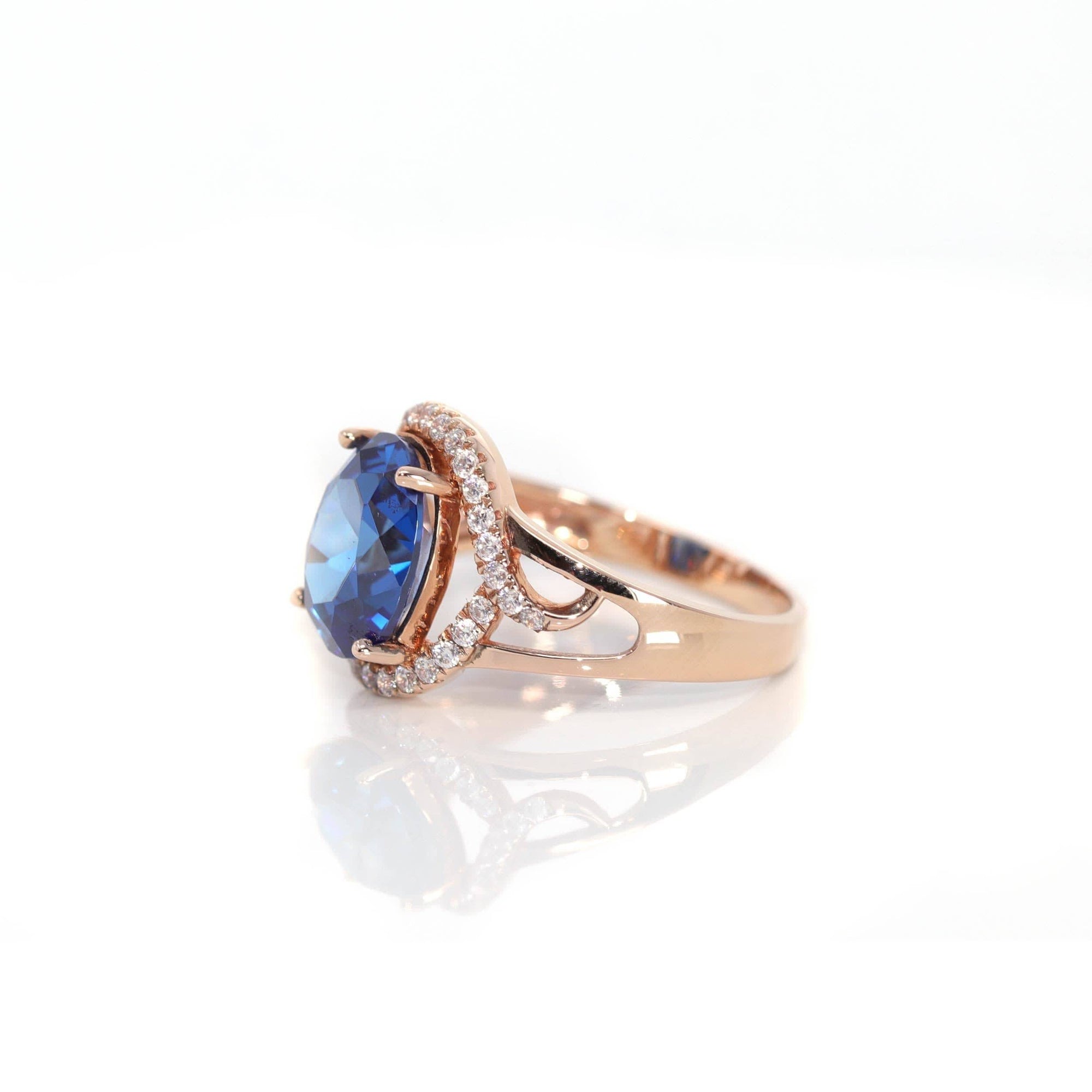 Baikalla Jewelry Gold Sapphire Ring 18k Rose Gold Lab-Created Blue Sapphire Ring With CZ