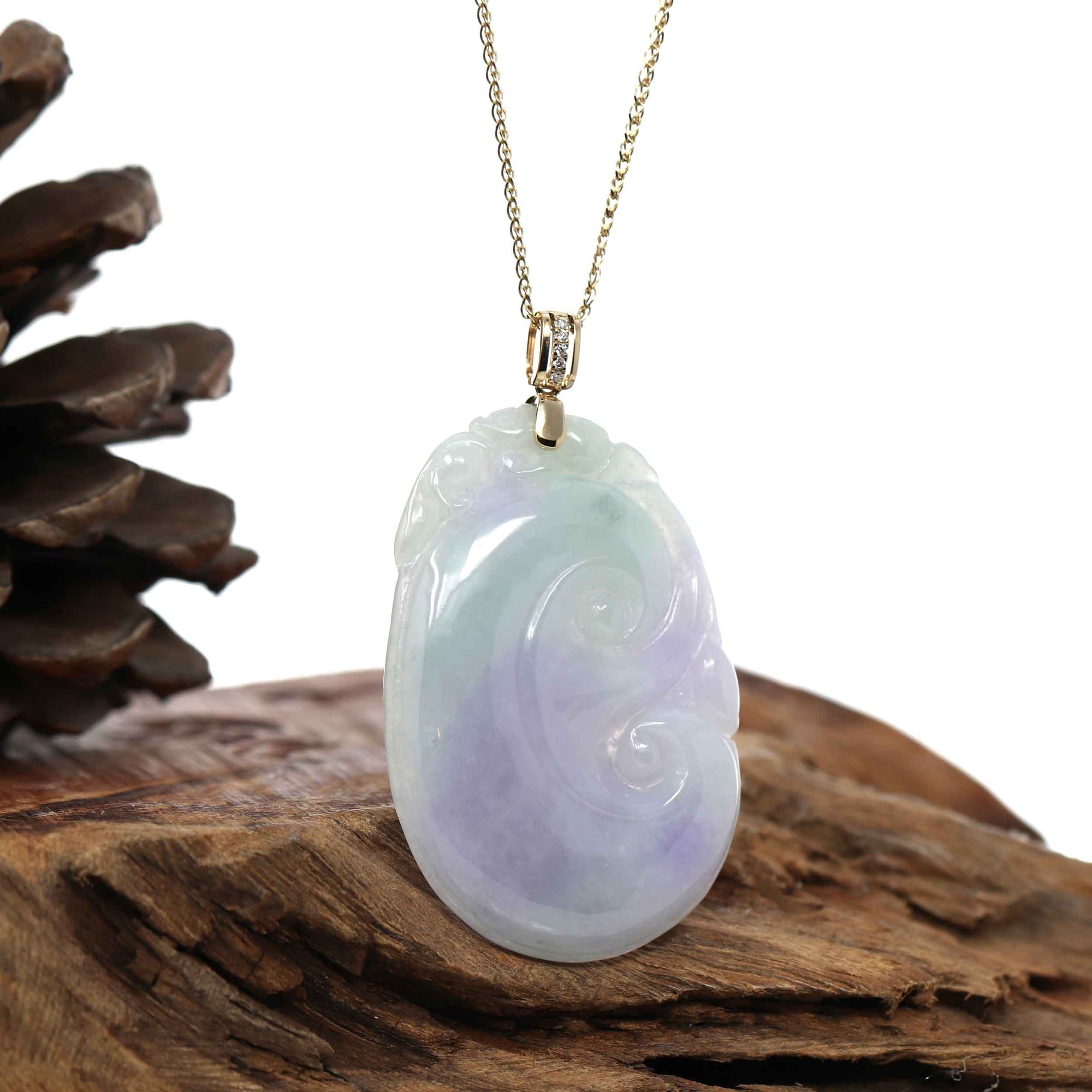 Baikalla Jewelry Jade Guanyin Pendant Necklace "Wang Shi Ru Yi" Genuine Lavender Green Jadeite Jade Pendant Necklace With 14K Yellow Gold Diamond Bail