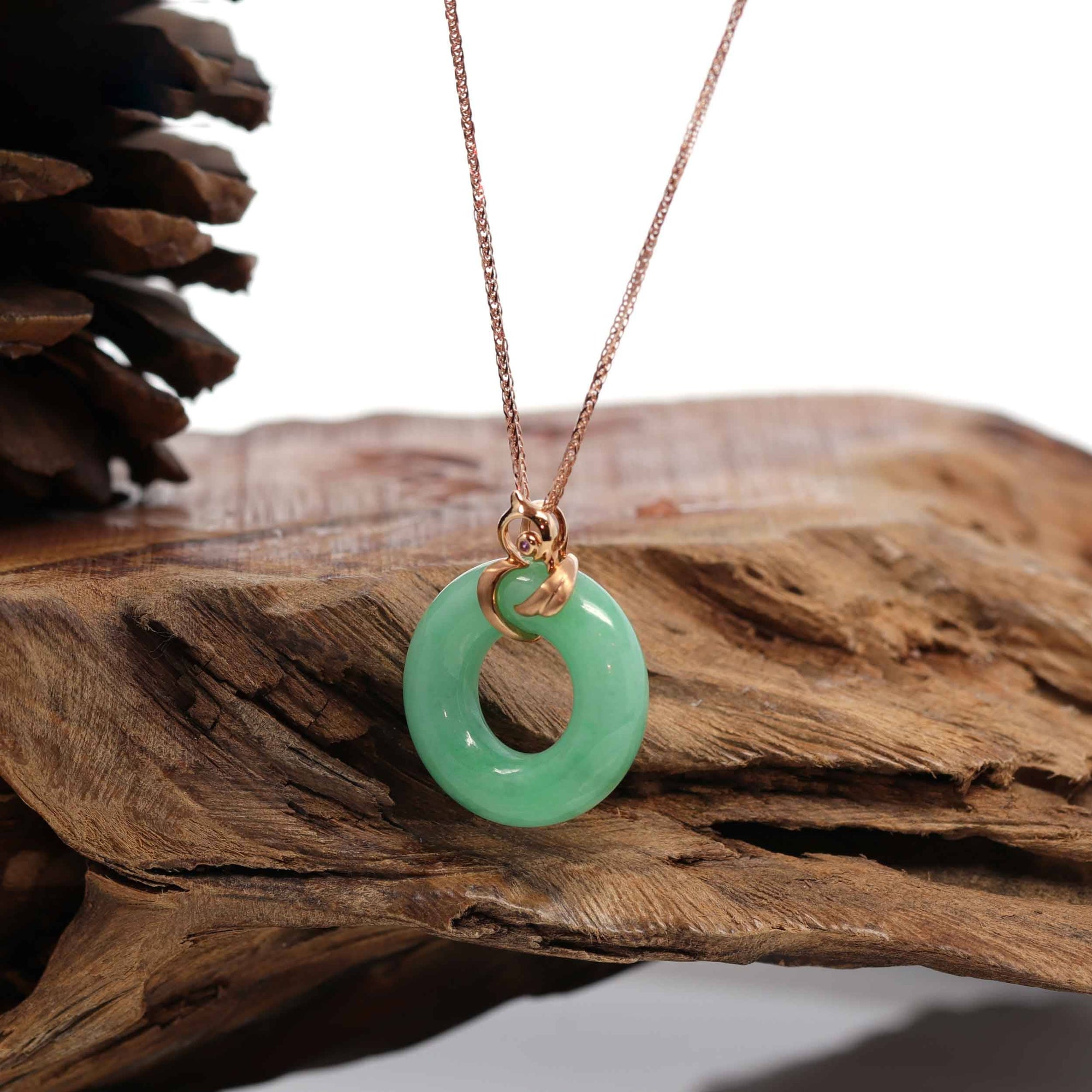 Baikalla Jewelry 18k Gold Jadeite Necklace Baikalla™ "Good Luck Birdie" 18k Rose Gold Genuine Burmese Jadeite Lucky Pendant Necklace With AA Ruby & Diamond