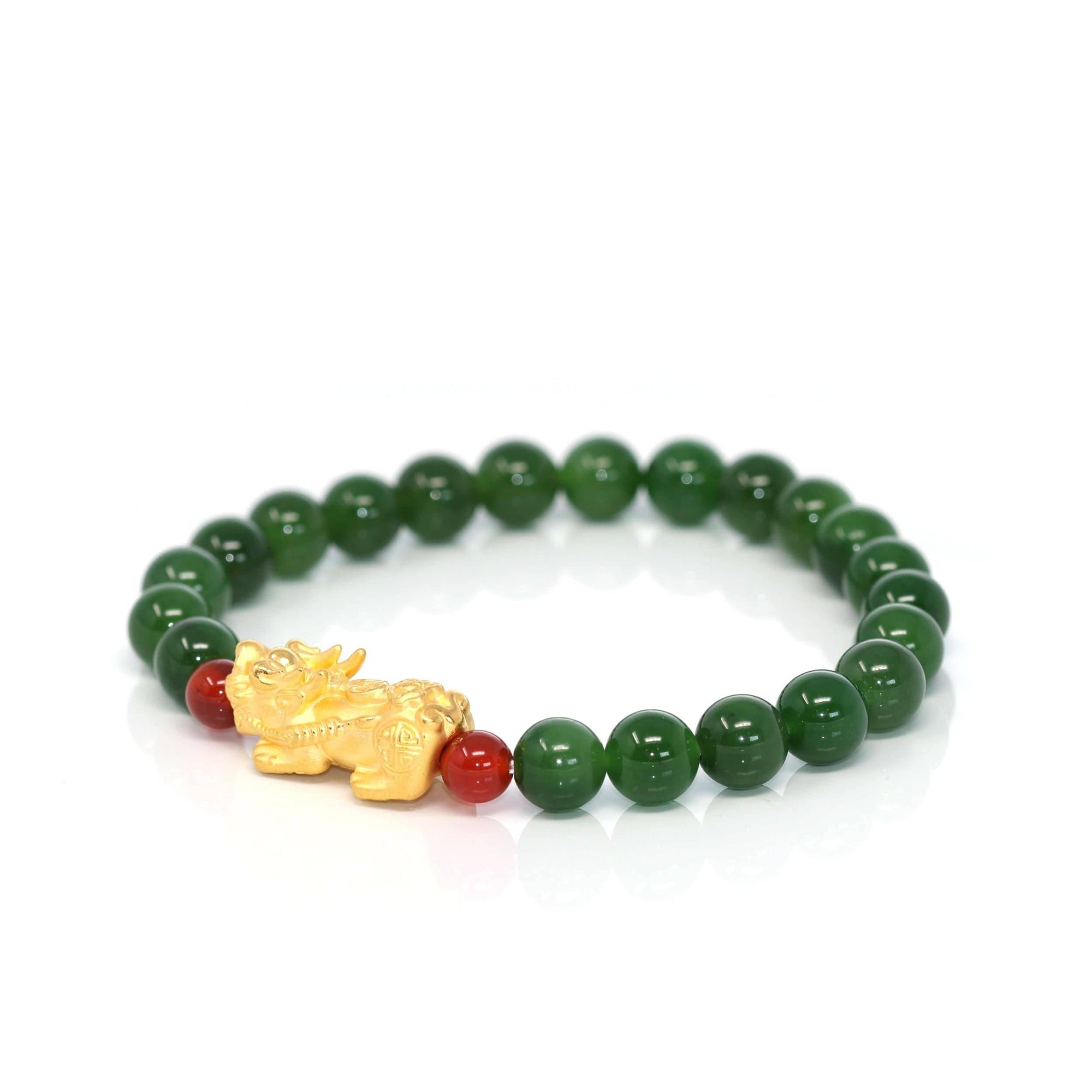 Baikalla Jewelry jade beads bracelet 24K Pure Yellow Gold PiXiu With Genuine Green Jade Round Beads Bracelet Bangle ( 8 mm )