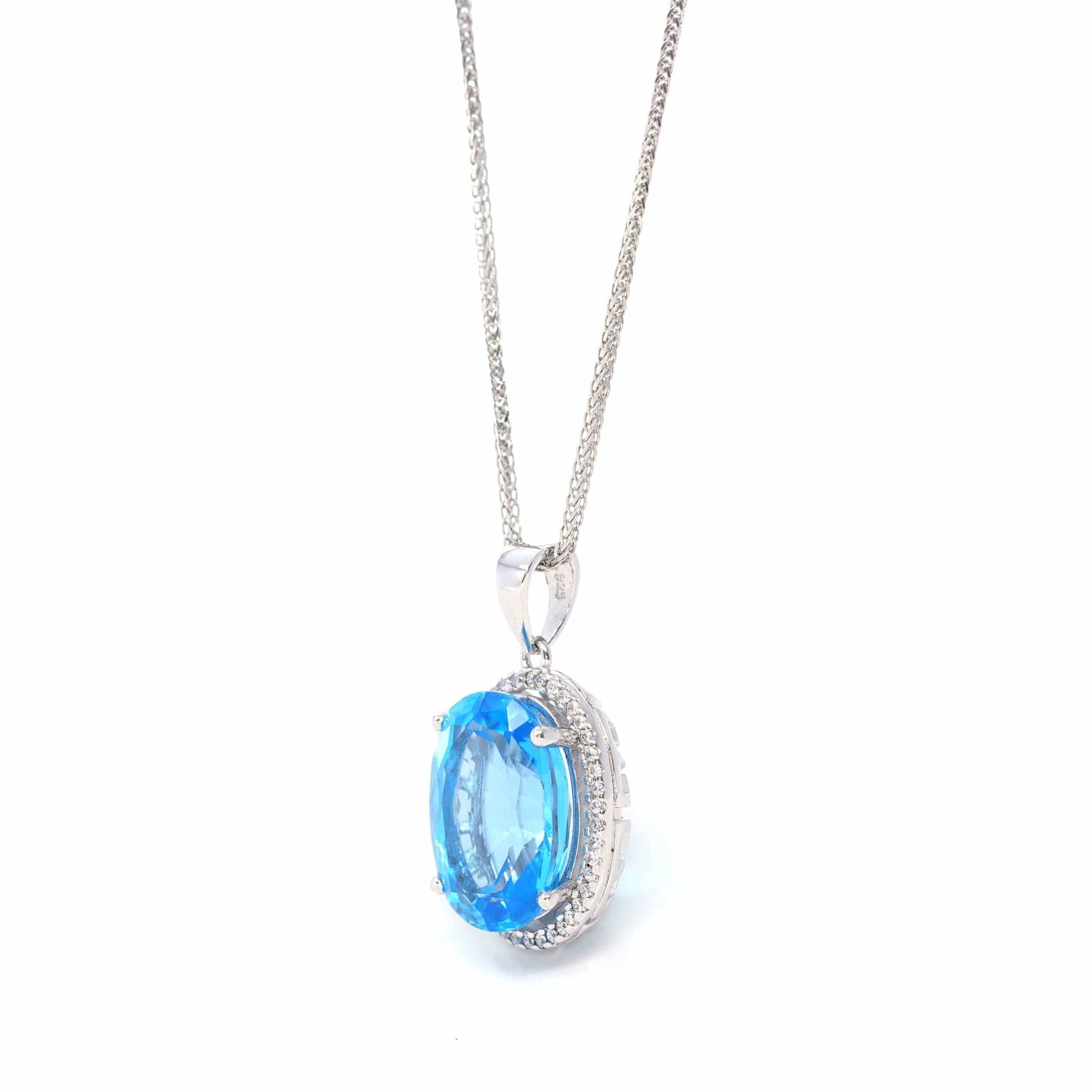 Baikalla Jewelry Silver Topaz Necklace Sterling Silver Natural Topaz Large Pendant Necklace With CZ