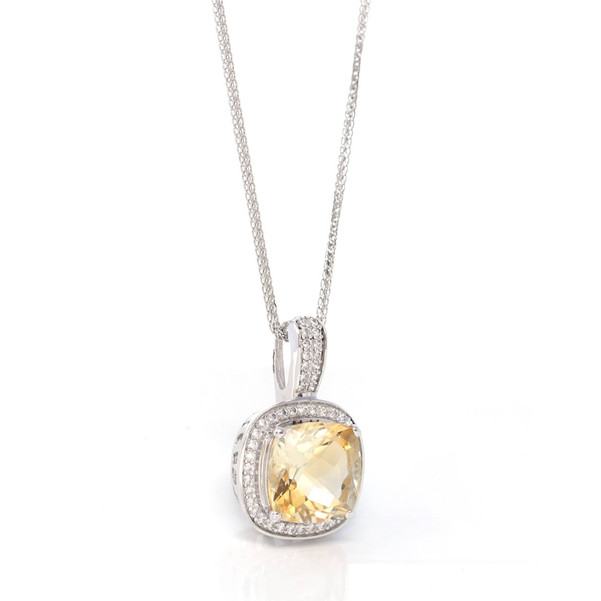 Baikalla Jewelry Silver Citrine Necklace Sterling Silver Natural Cushion Cut Citrine Necklace With CZ