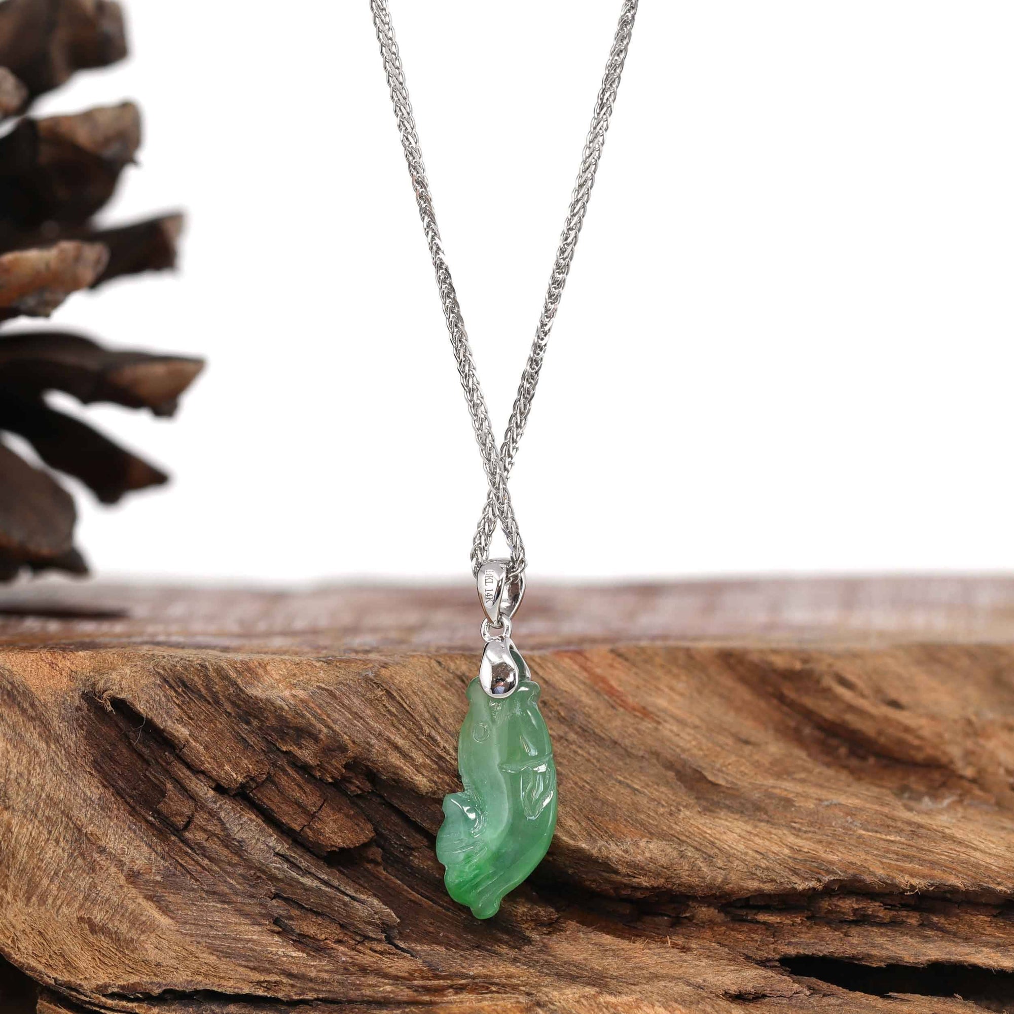 Baikalla Jewelry Jade Pendant Necklace Baikalla &quot;Prosperity Every Year (年年有鱼)&quot; Lucky Fish Carving Pendant Necklace Natural Green Jadeite Jade JG154