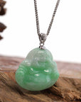 Baikalla Jewelry Jade Buddha Pendant Baikalla™ "Laughing Buddha" Genuine Vibrant Green Jadeite Buddha Pendant Necklace With 14k White Gold Diamond  Bail