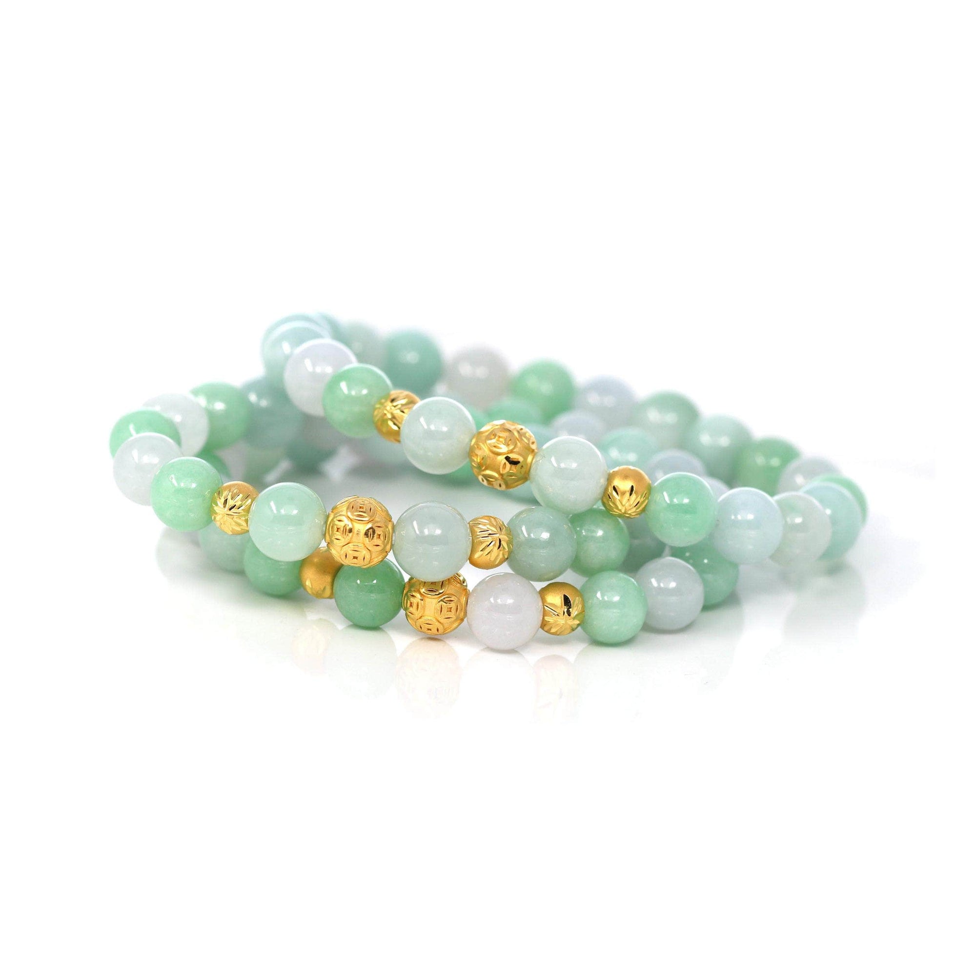 Baikalla Jewelry jade beads bracelet 24K Pure Yellow Gold Money Beads With Genuine Green Jade Round Beads Bracelet ( 9 mm )