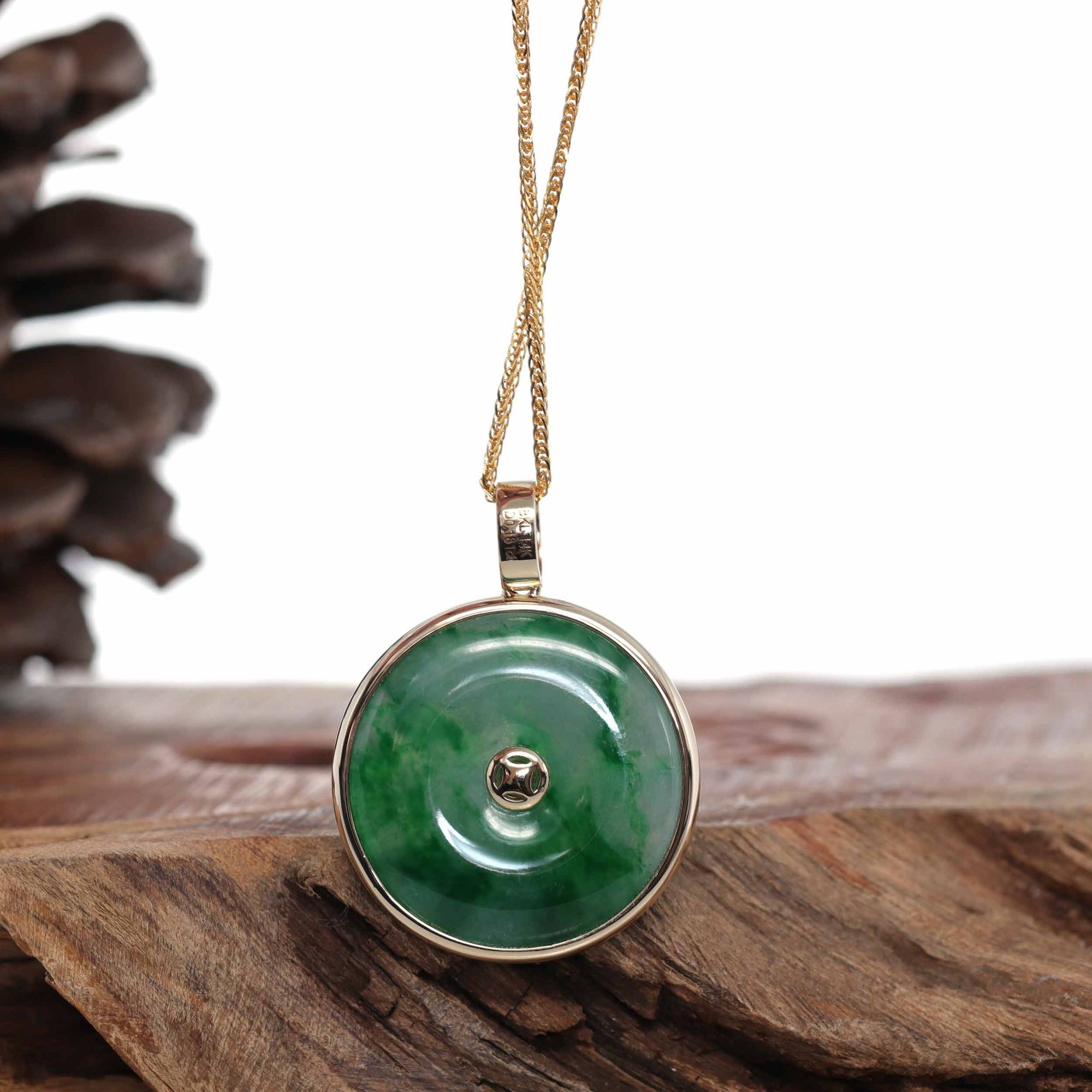 Baikalla Jewelry Gold Jadeite Jade Pendant Necklace 14K Gold "Good Luck Button" Necklace Ice Green Jadeite Jade Lucky KouKou Pendant Necklace