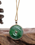 Baikalla Jewelry Gold Jadeite Jade Pendant Necklace 14K Gold "Good Luck Button" Necklace Ice Green Jadeite Jade Lucky KouKou Pendant Necklace