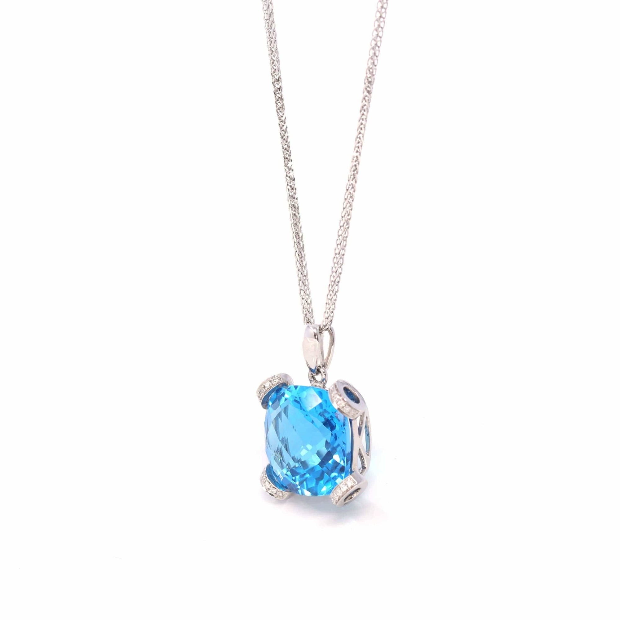 Baikalla Jewelry gemstone jewelry 18k White Gold Genuine Cushion Cut London Blue Topaz &amp; Diamonds Pendant Necklace