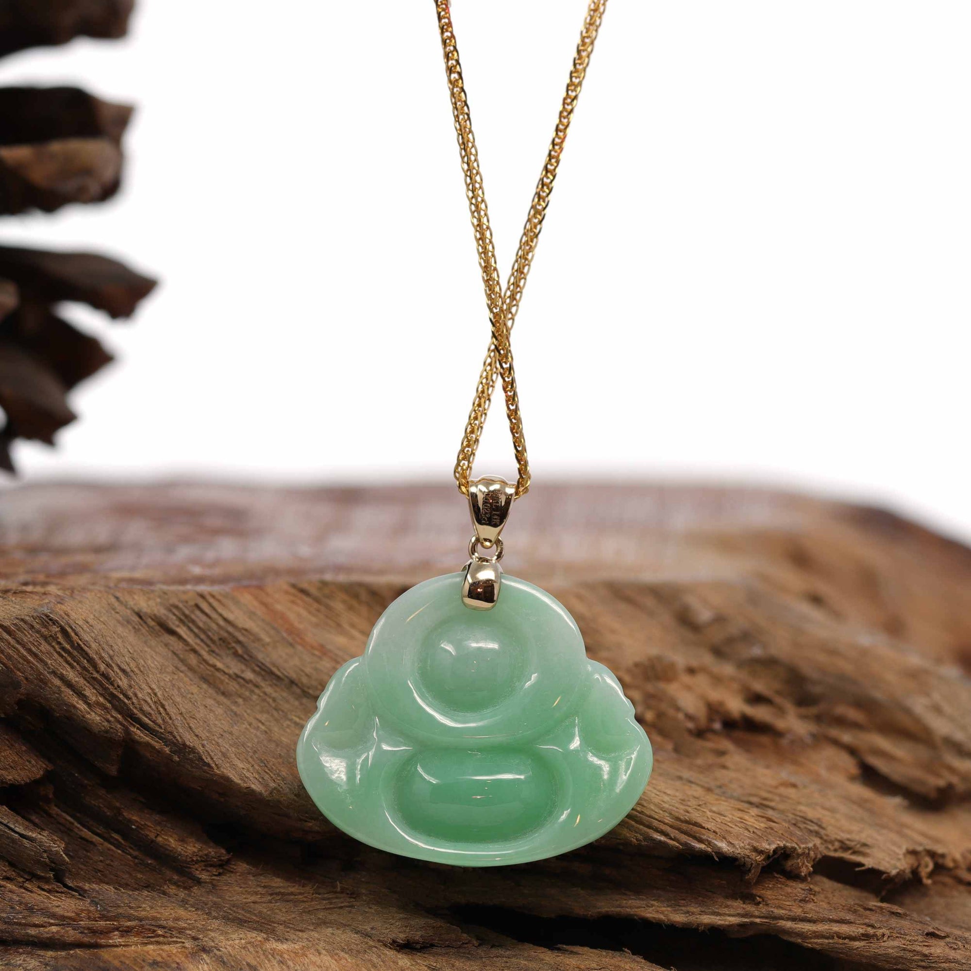 Baikalla Jewelry Jade Buddha Pendant Baikalla™ &quot;Laughing Buddha&quot; Genuine Vibrant Green Jadeite Buddha Pendant Necklace With 14k Yellow Gold Diamond  Bail